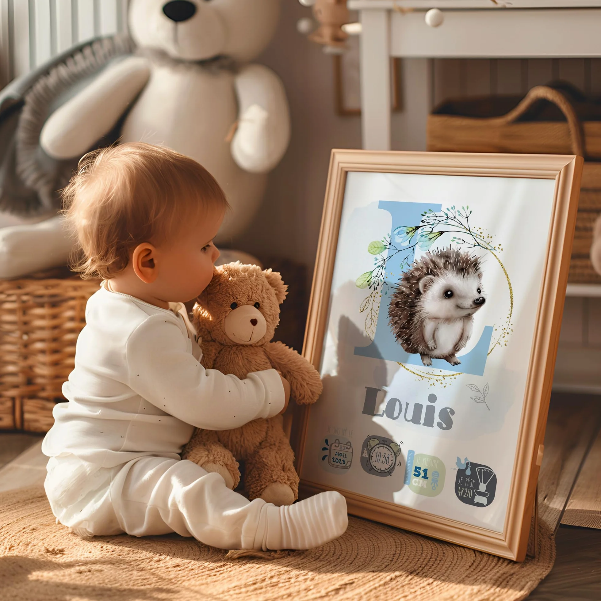 ÉNJA Création Affiche Personnalisée Décoration Murale Bébé Poster Prénom Poids Date Naissance Garçon