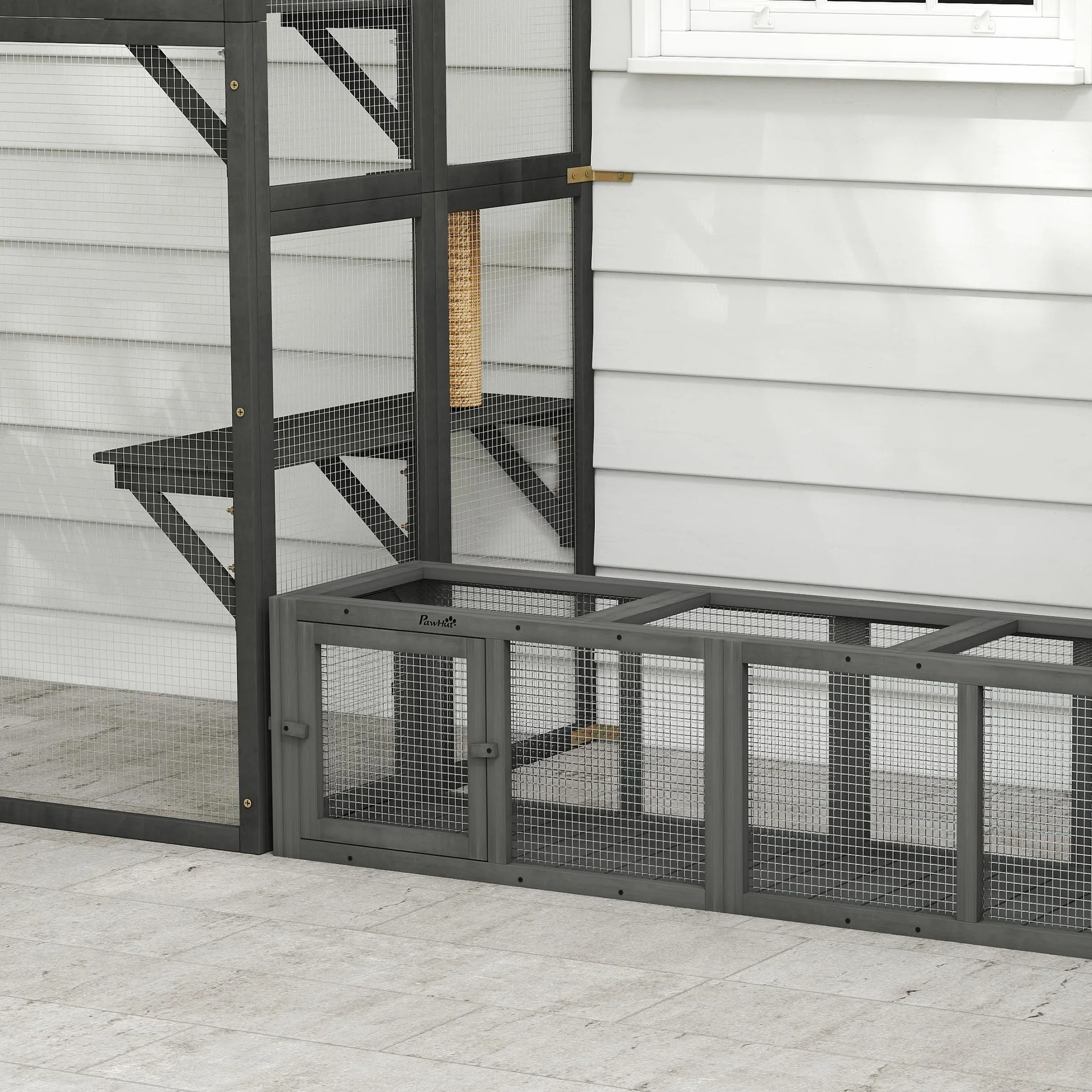 PawHut Tunnel pour Chat d'extérieur 150 cm Enclos de Jeu en Bois Parc Extensible avec 3 Portes pour Chatons Chiots Gris
