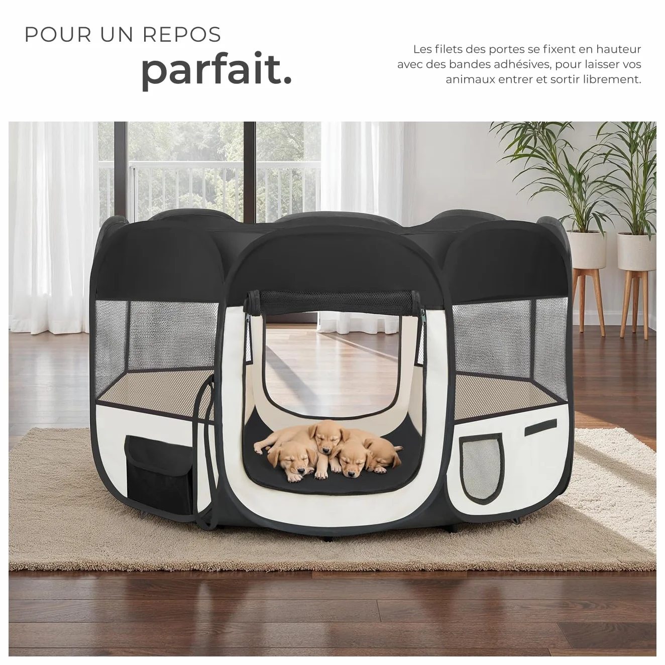 Tectake Parc pour Chien Modulable Pliable sans Toit 2 Entrées 6 Fenêtres Enclos Extérieur Anti Fugue