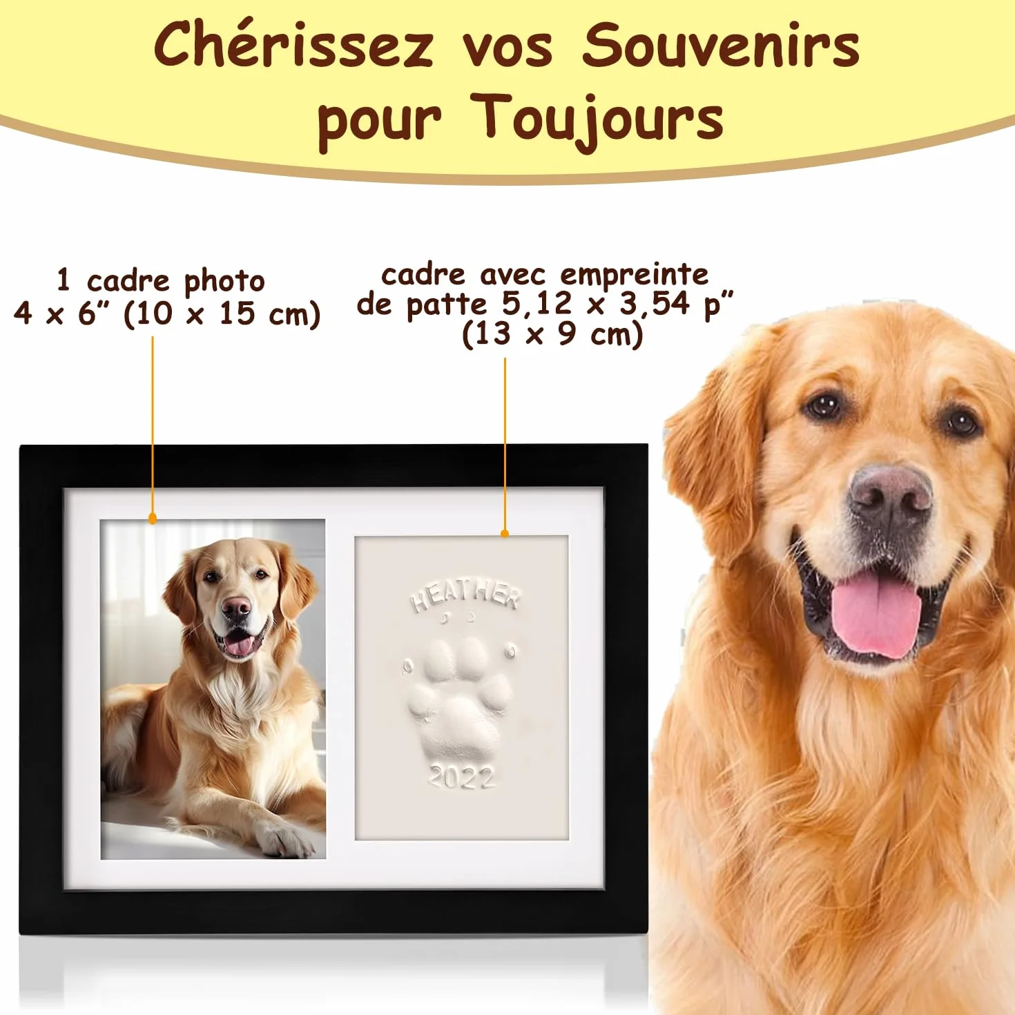 Cadre Photo Empreinte Chien Chat avec Kit d'Impression Argile, Souvenir 6x4 - Noir