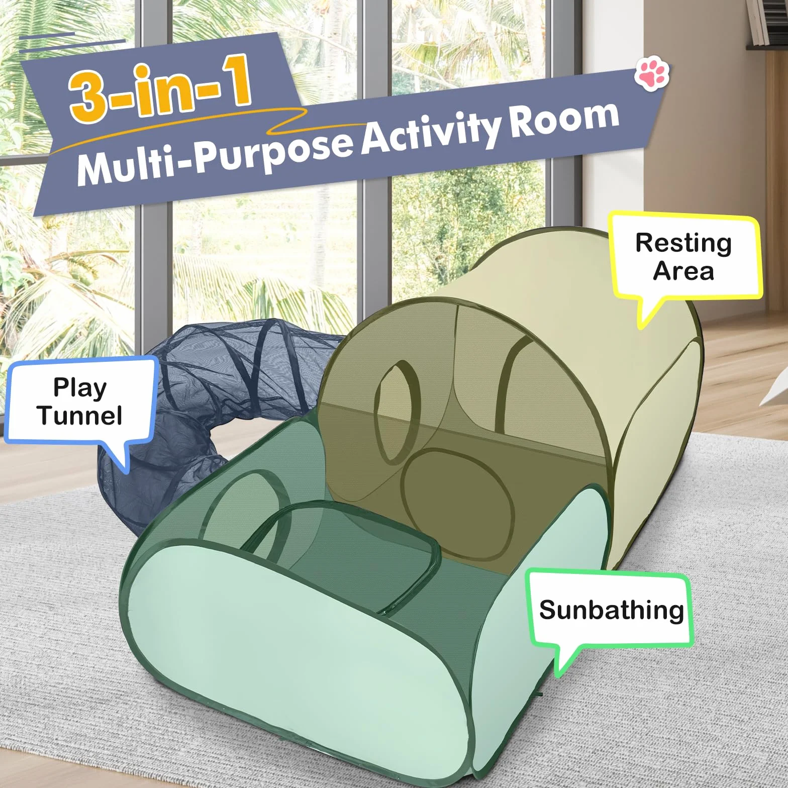 Parc pliable pour chat avec tunnel, tente portable pour animaux de compagnie, intérieur extérieur