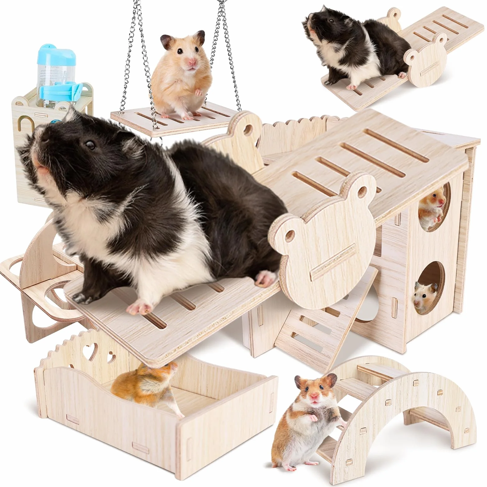Jouets pour Hamster en Bois Lot de 8, Maison Cochon d'Inde, Jouet à Mâcher