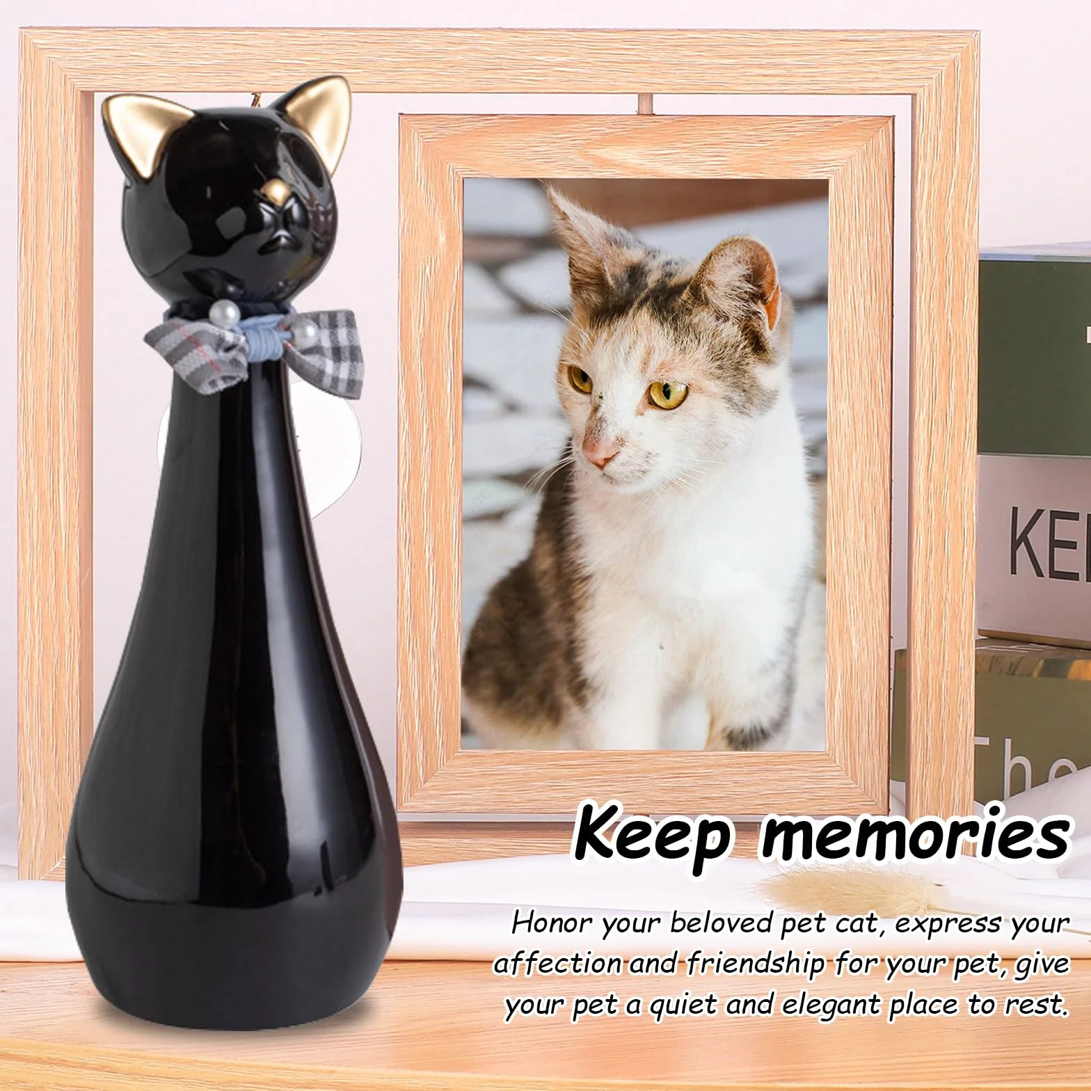 Urne Chat Chien Céramique 9,5 x 9,5 x 25,5 cm 550 ML Noire Collier Nœud Souvenir Animal