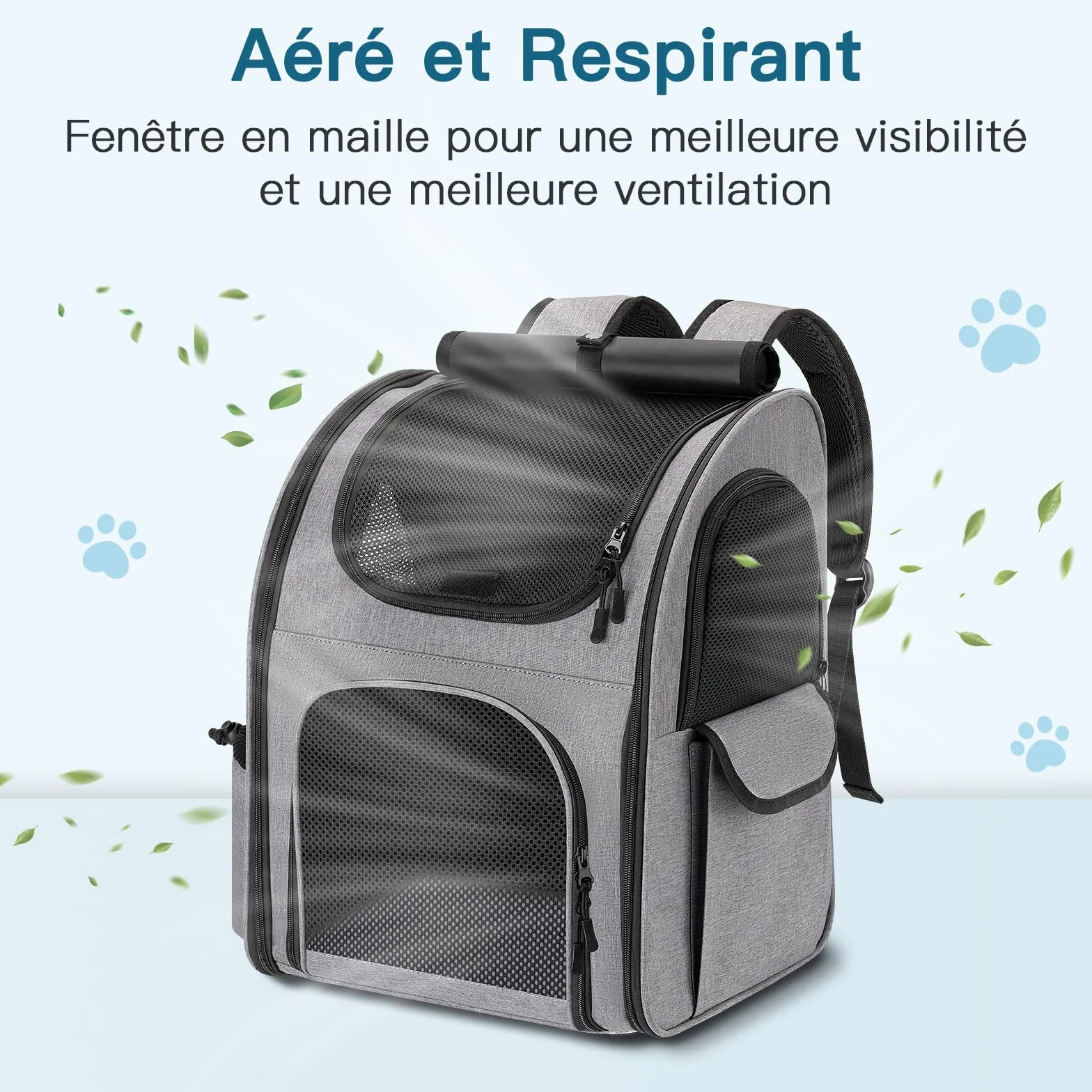 Sac à Dos Chat Chien 10kg Transport avec Fenêtre en Maille, Laisse et Tapis Intégrés Gris