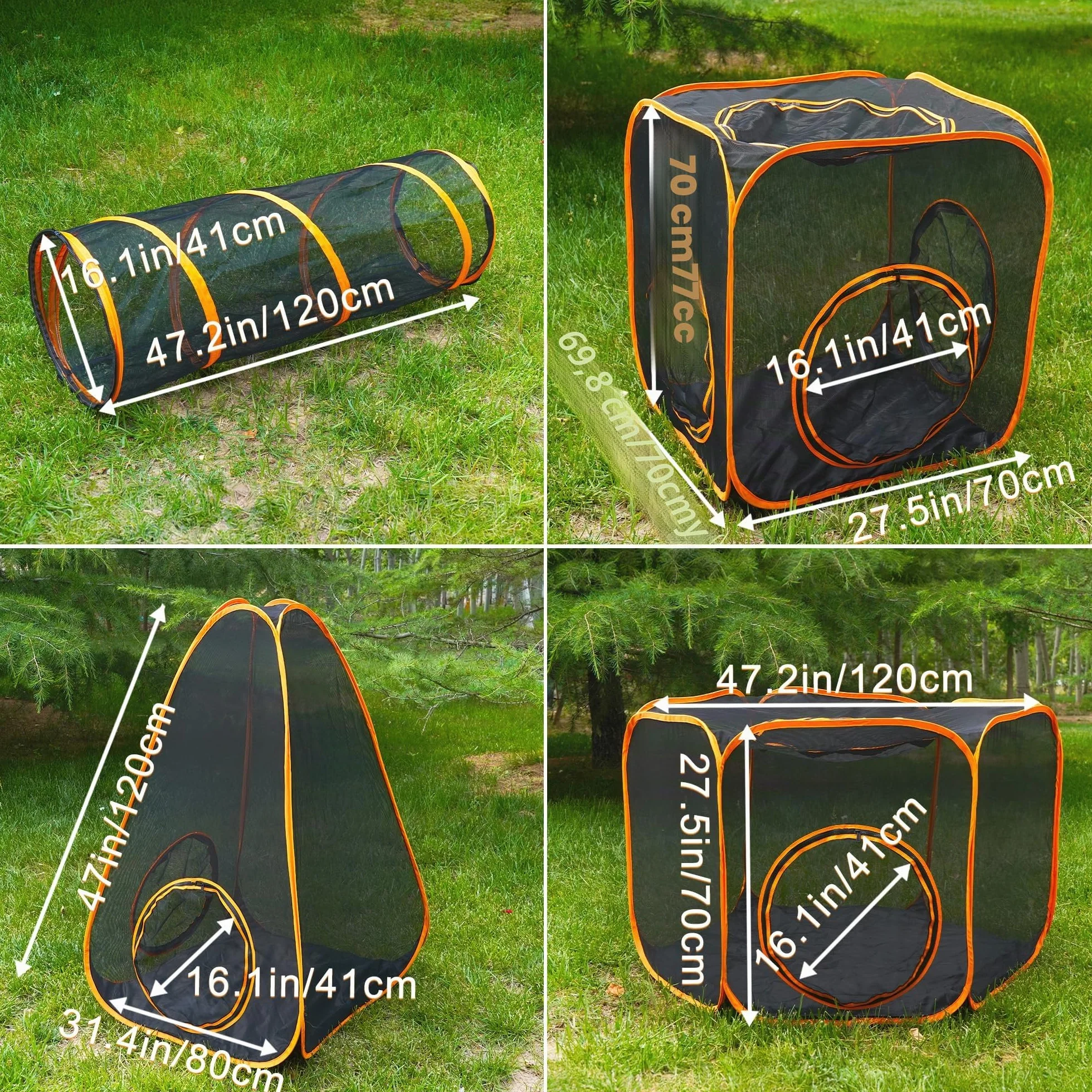 Enclos pliable pour chat Parc d'extérieur portable avec tente en maille et trois tunnels 7 en 1
