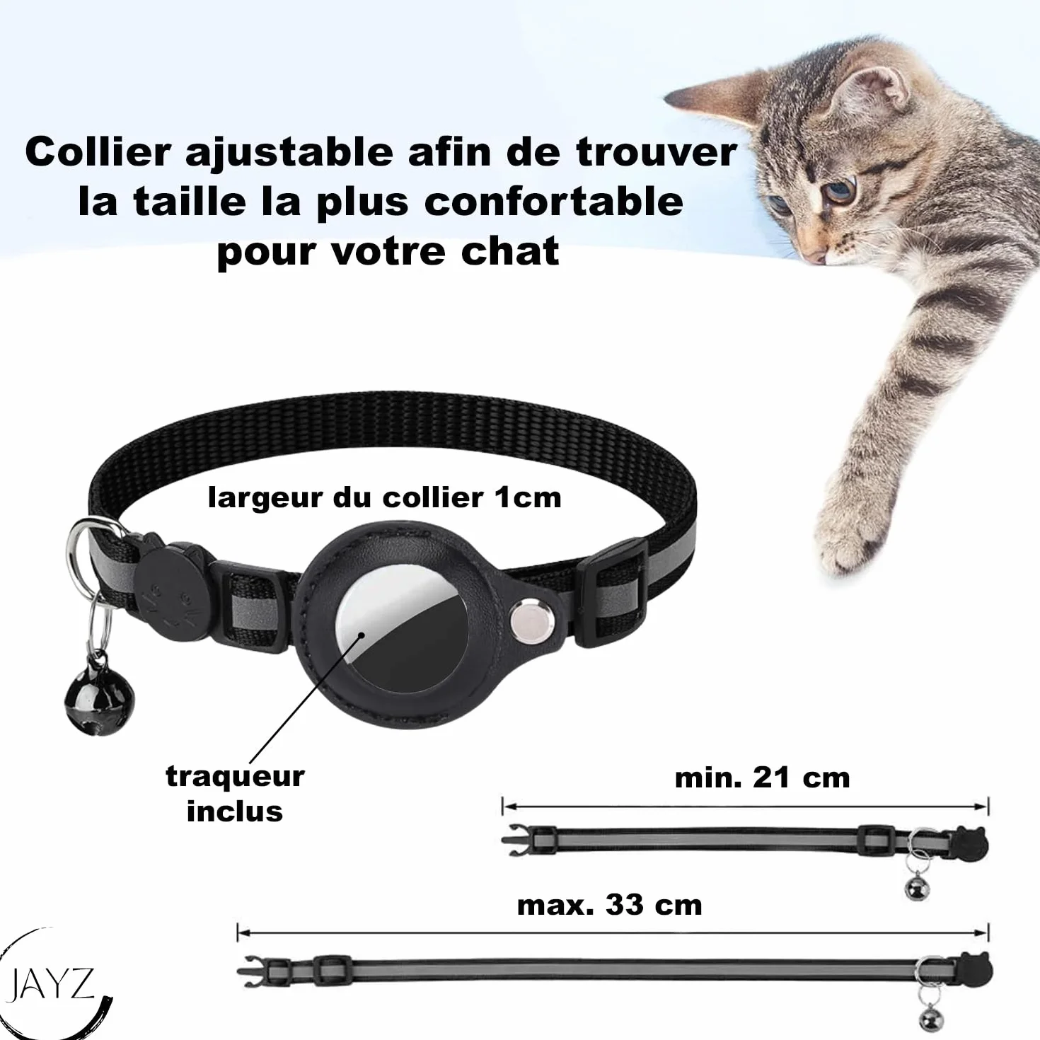 JAYZ Collier Chat Bluetooth Tracker Localisateur sans Abonnement Apple iOS Android Airtag Anti étranglement Chatons