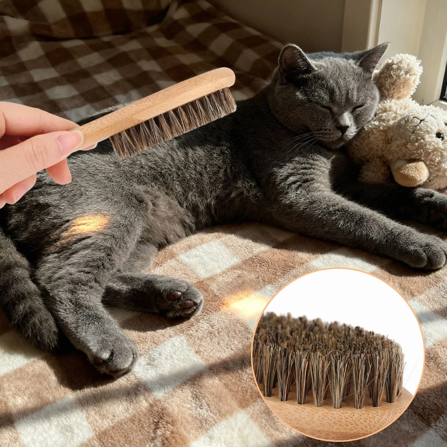 Brosse à Poils Souples pour Chiens et Chats, Poils Sanglier Brosse Ramasse avec Manche en Bois