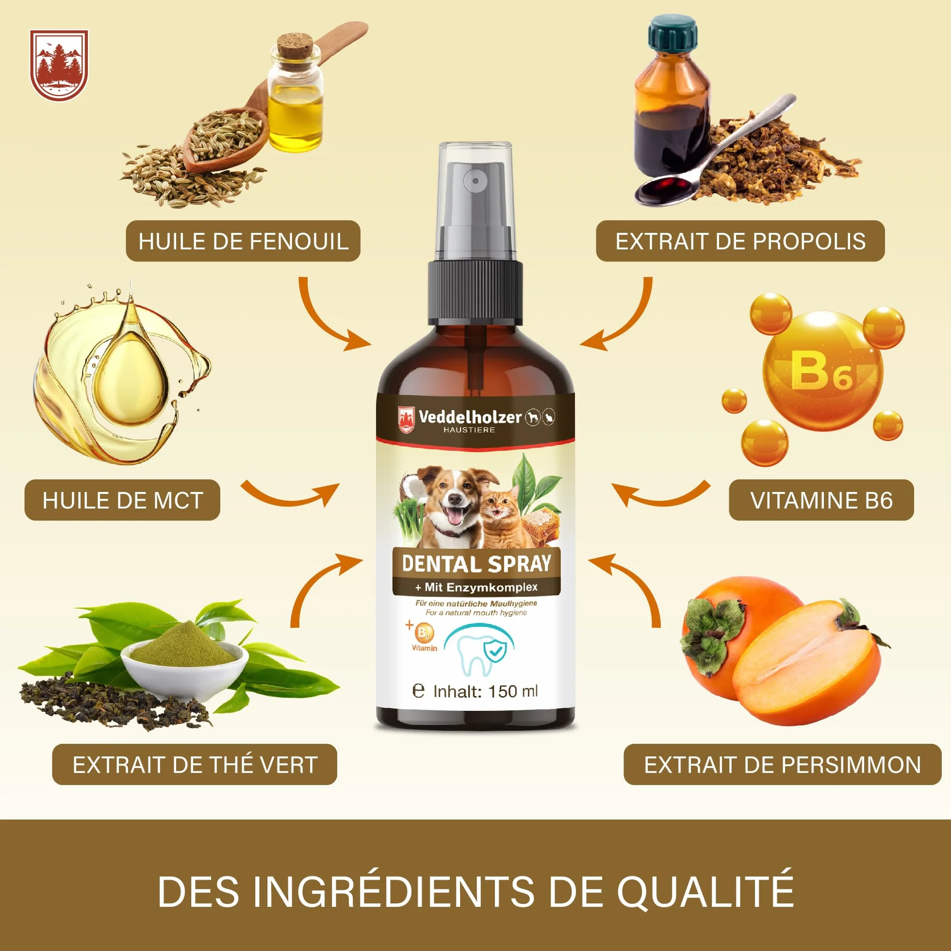 Veddelholzer Spray Dentaire probiotique pour Chiens et Chats 150 ML avec Brosse à Dents des Doigts et Complexe enzymatique