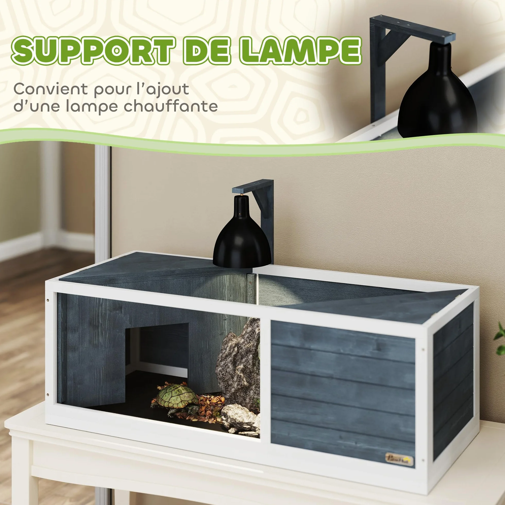 PawHut Maison pour Tortues XL 120 cm Terrarium Tortue terrestre en Bois 2 niches Toit ouvrant Aire de Jeu Ouverte enclos Support Lampe fenêtre panoramique Gris