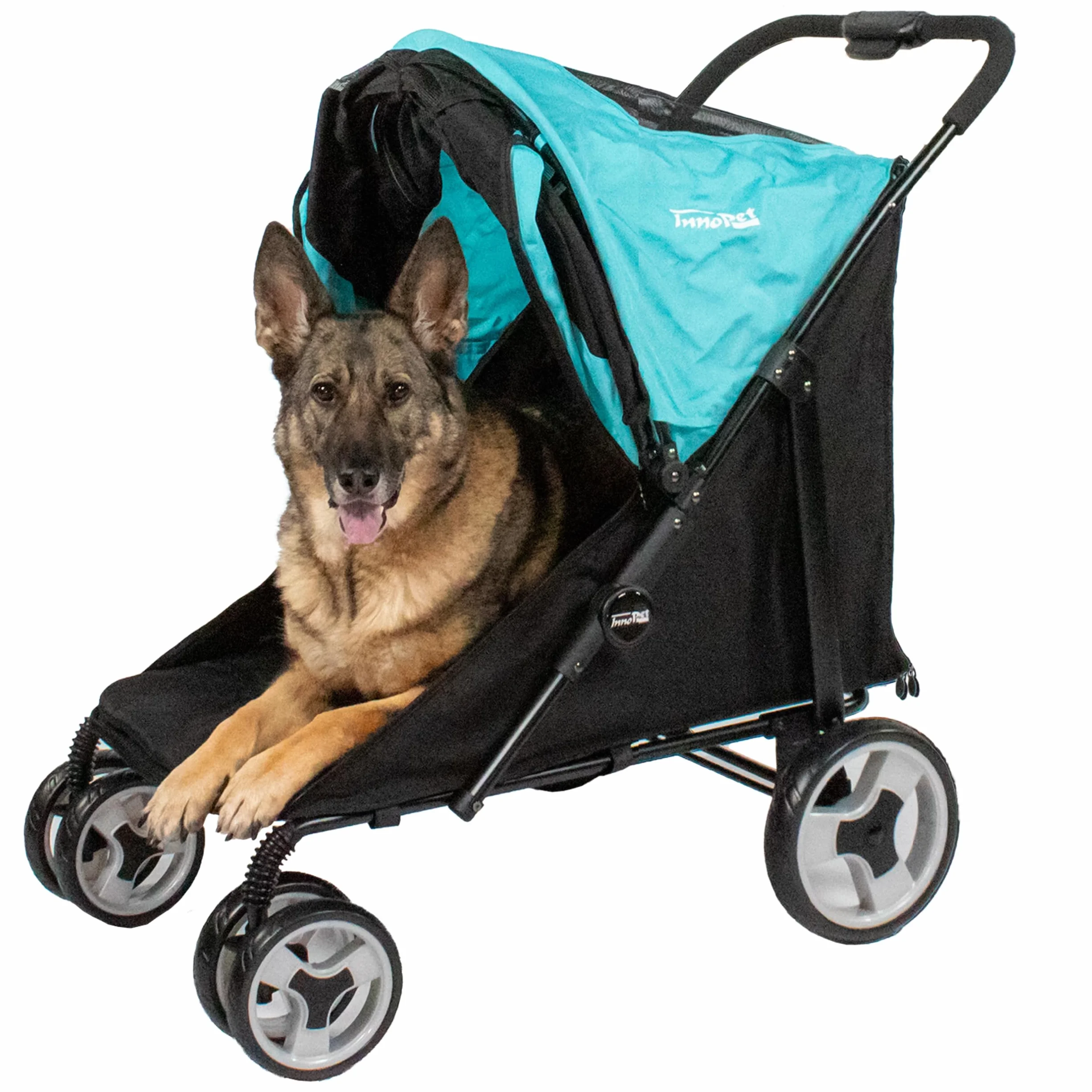 Chariot pour chien Innopet Mamut grand format bleu - Supporte jusqu'à 50 kg - Housse de pluie incluse - Pliage d'une seule main - Roues avant pivotantes, Remorque de chiens de taille moyenne et grande