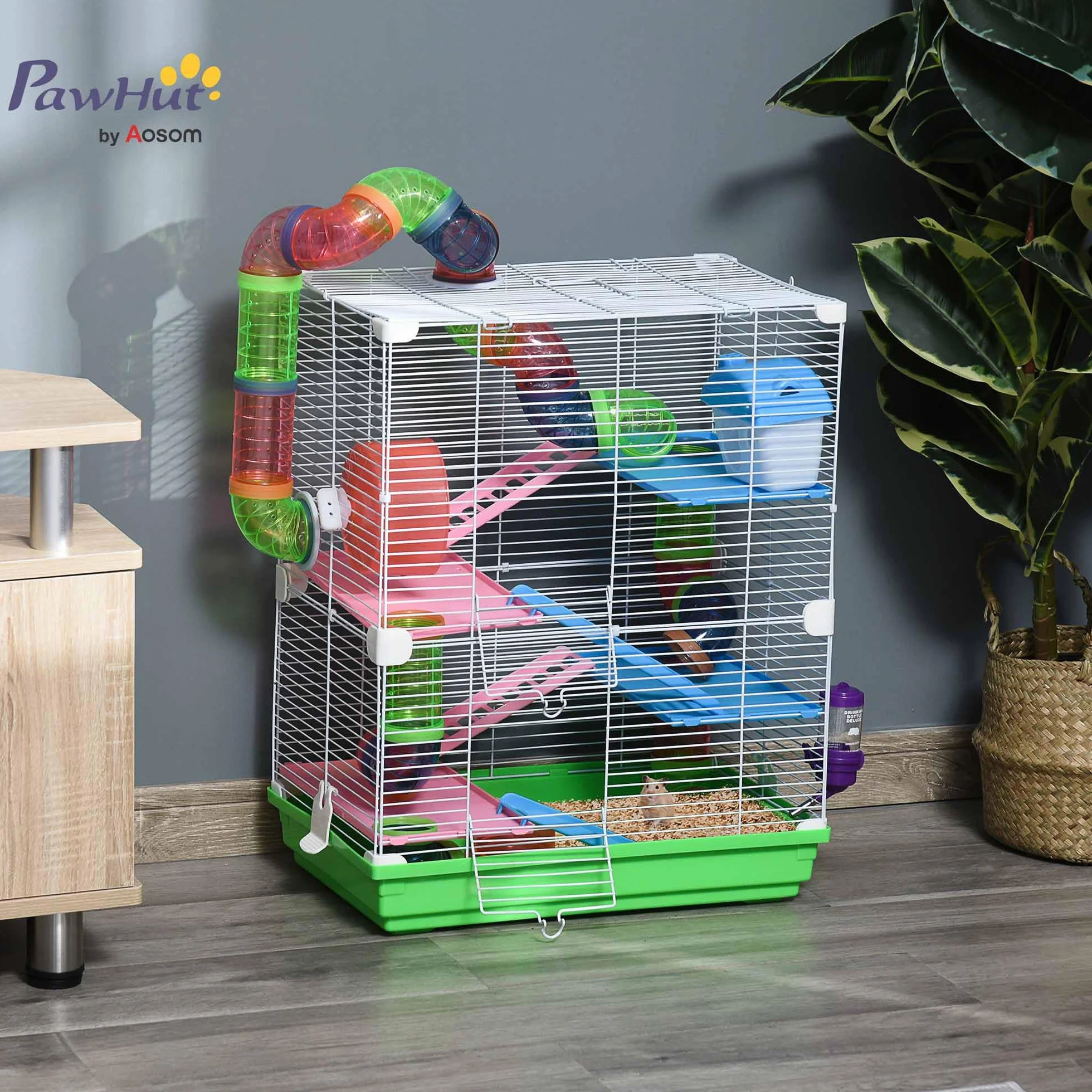 PawHut Cage pour Hamster Rongeur 4 étages avec Tunnels Mangeoire Roue Maison 46L x 30l x 58H cm Vert