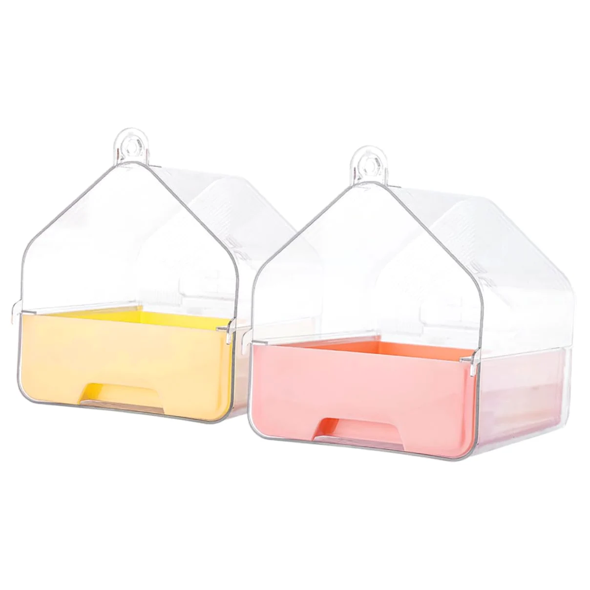 Sosoport Bain de Cage à Oiseaux avec Tiroir, Design Suspendu, 2 Pièces | Plastique, Rose et Jaune, pour Perruches et Calopsittes, Usage en Cage, Format Compact