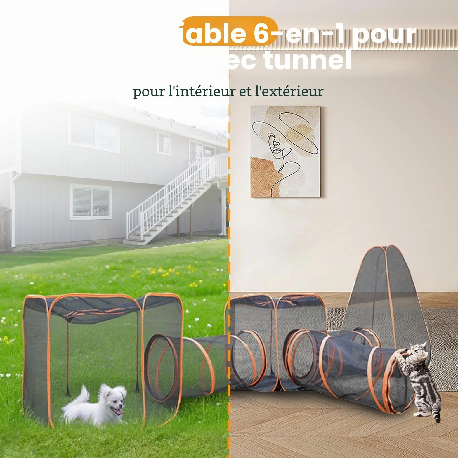 Tunnel pour Animaux de Compagnie Enclos Pliable 6 en 1 pour Chats Tente Parc pour Chiens D'extérieur