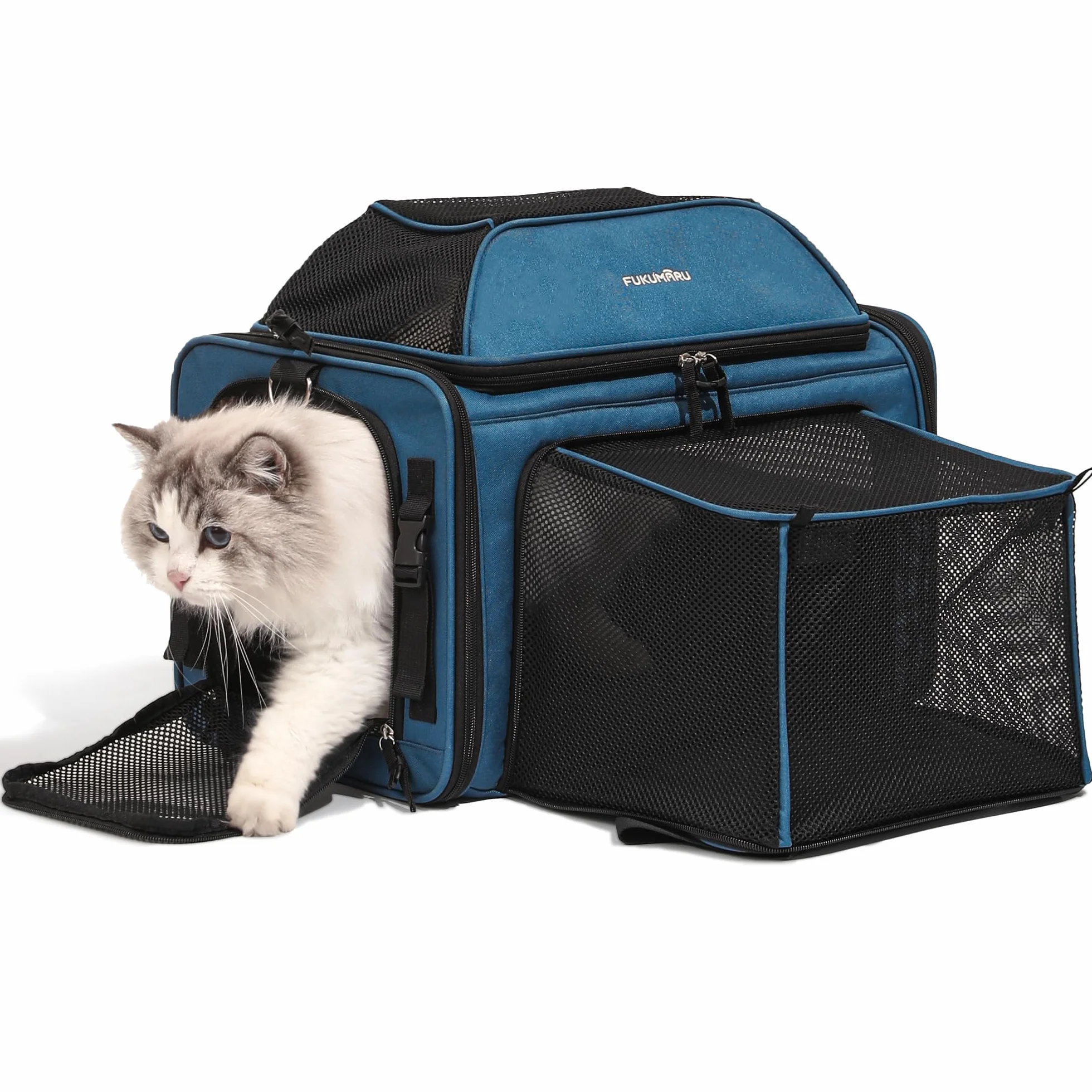 FUKUMARU Sac de Transport pour Chat, Cage de Voyage Souple et Extensible, Approuvée en Cabine, Bleu
