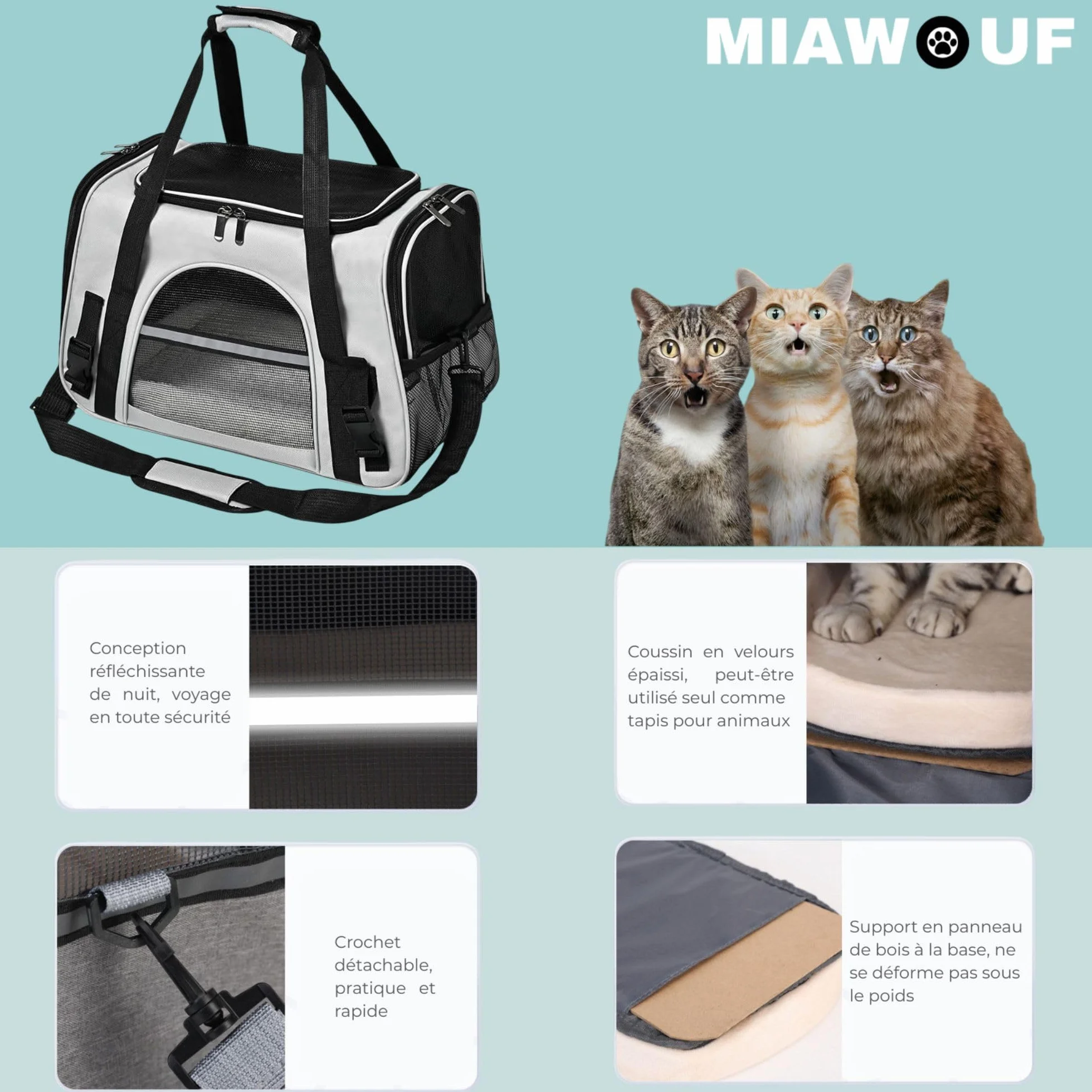 Miawouf Sac Transport Chat Caisse avec Bandoulière Réglable Matelas Confortable 45cm 28cm 25cm Small-Medium 5KG