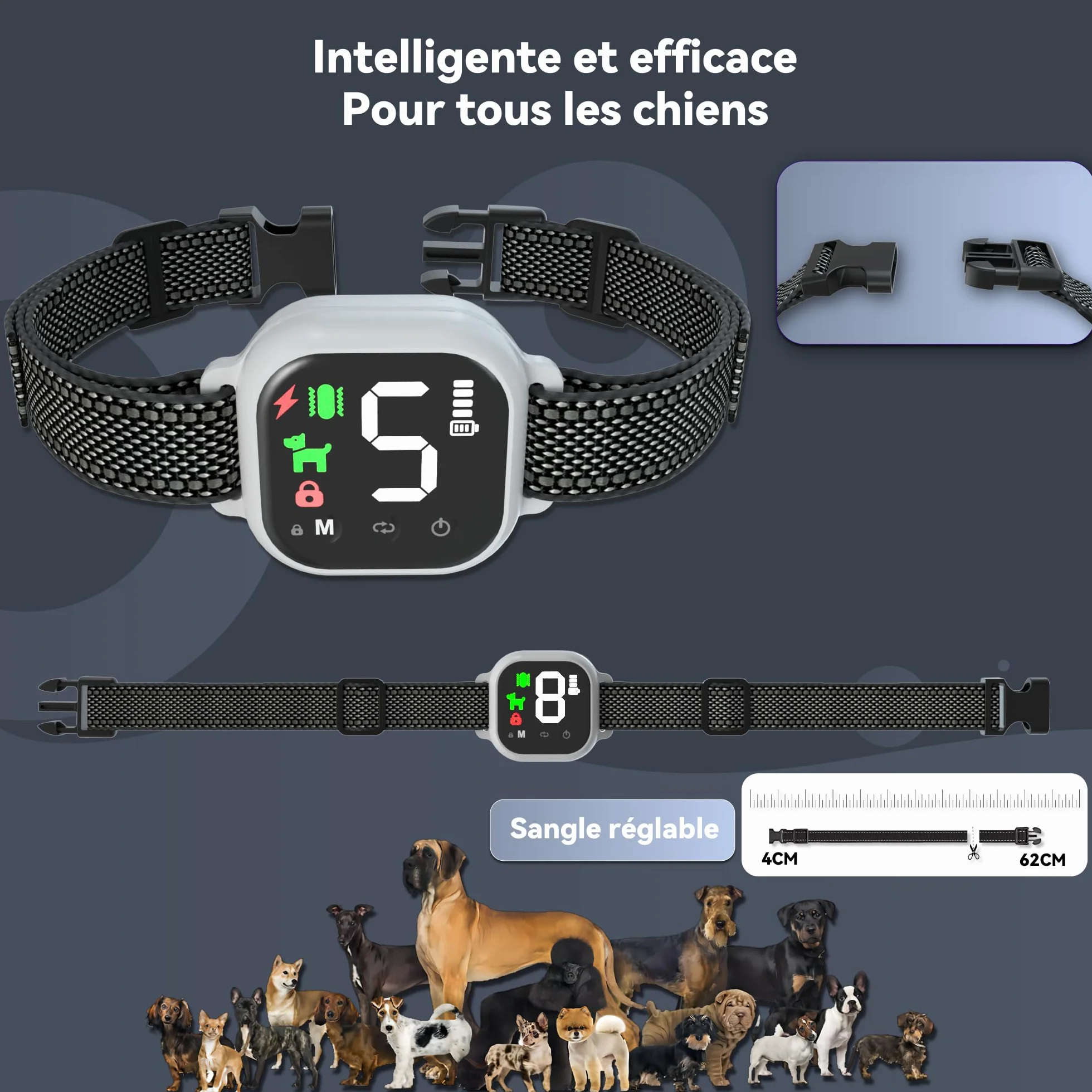 Collier Anti Aboiement Chien Intelligent 4 Modes Son Vibration Choc Statique IP67 Étanche Rechargeable Blanc