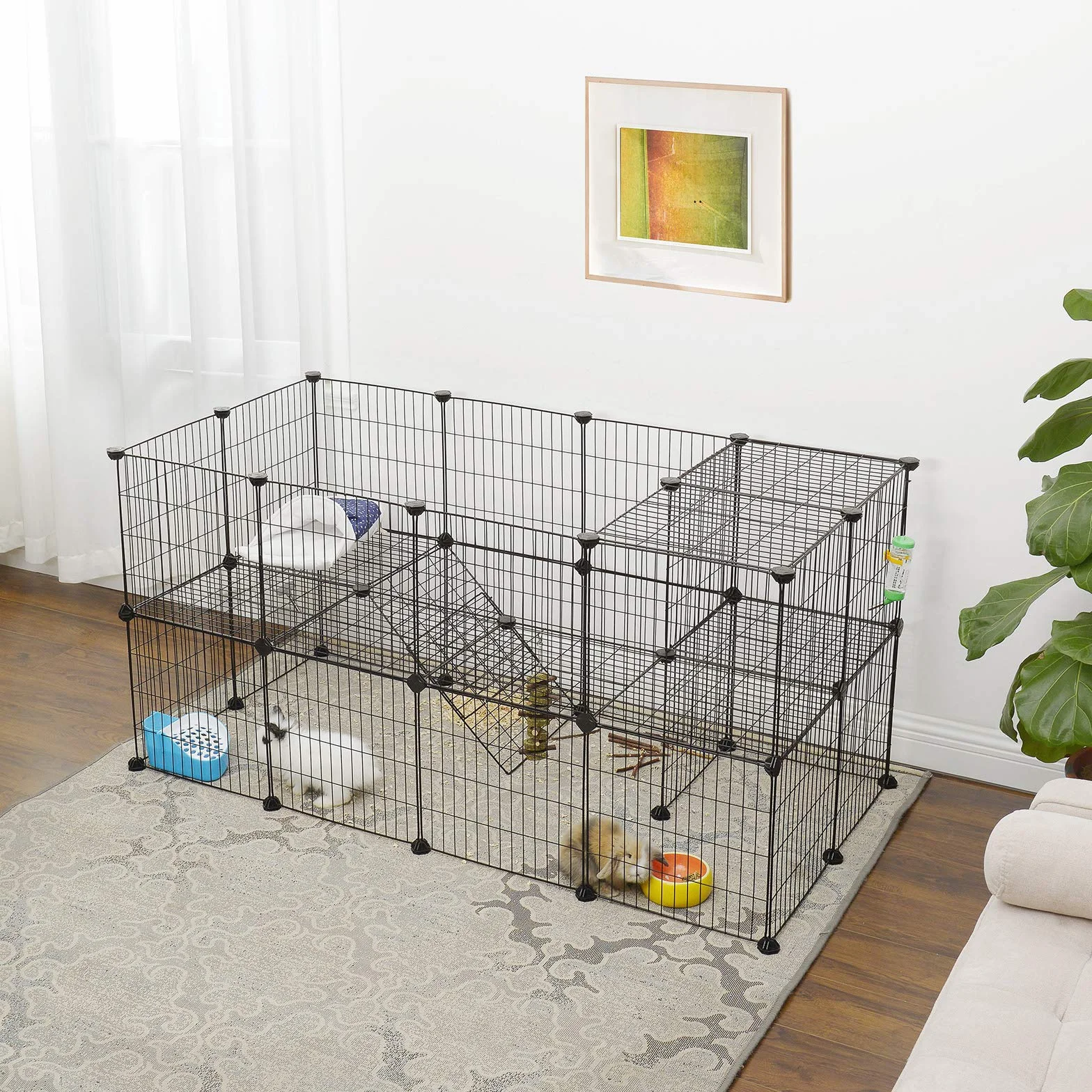 SONGMICS Enclos Modulable pour Animaux Domestiques, 2 Niveaux, 143 x 73 x 71 cm, Noir LPI02H