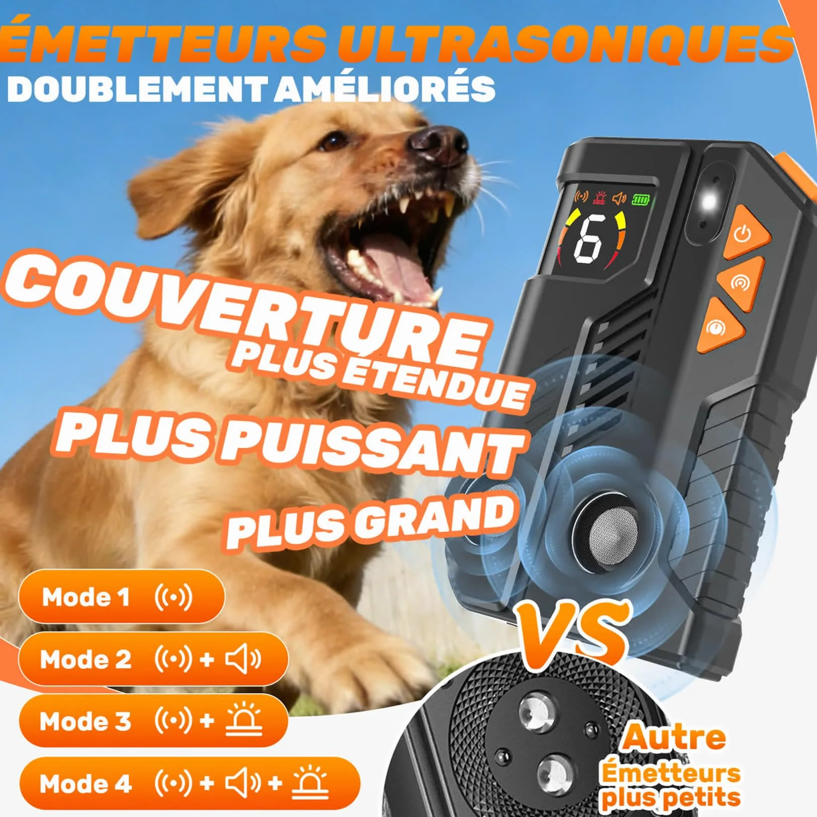 Anti Aboiement Chien Ultrason Puissant AI 2 Émetteur 6 Sensibilités 3 Intensités IPX6 Rechargeable