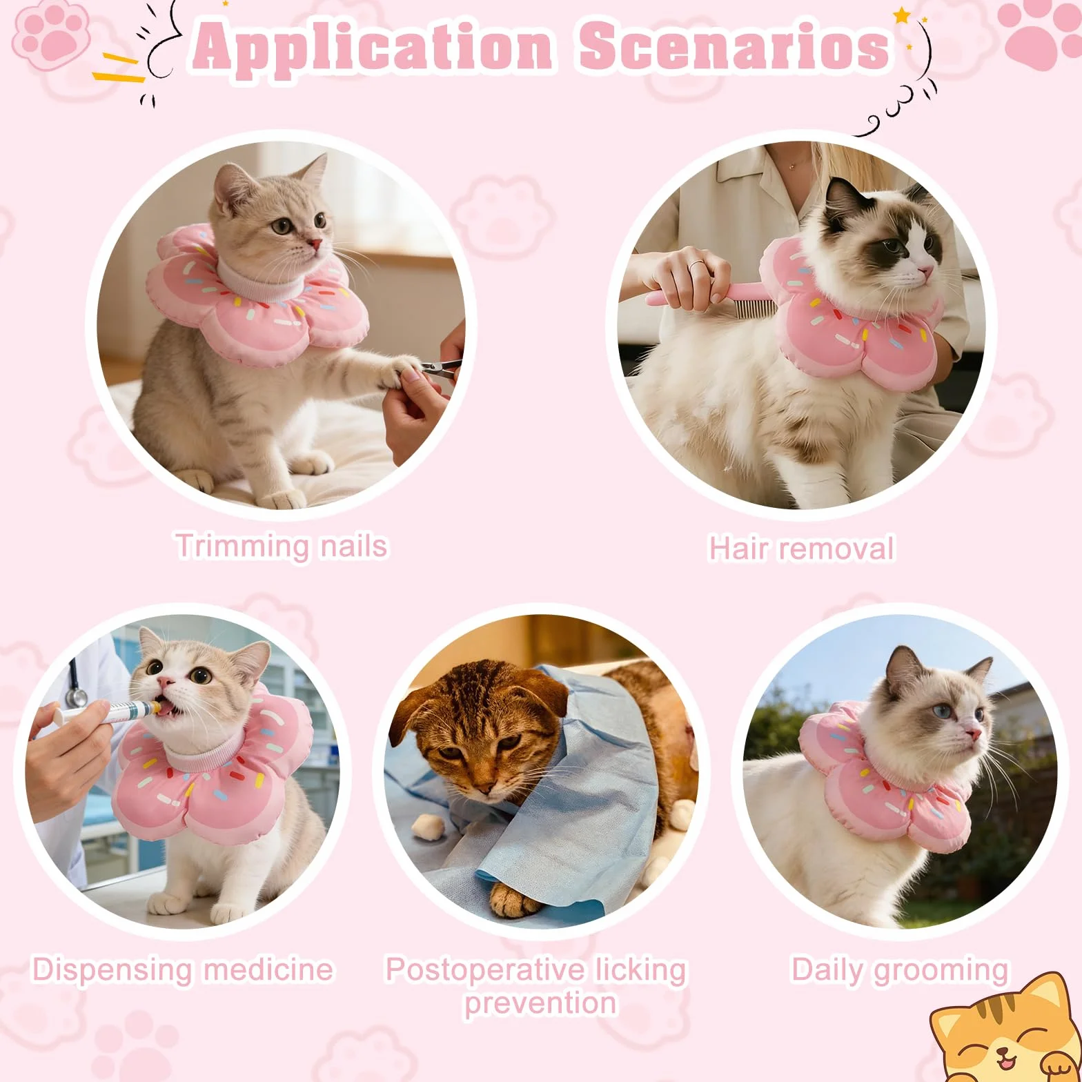 Collier Anti Léchage pour Chat, Colerette Adjustable Imperméable, Beignet Rose