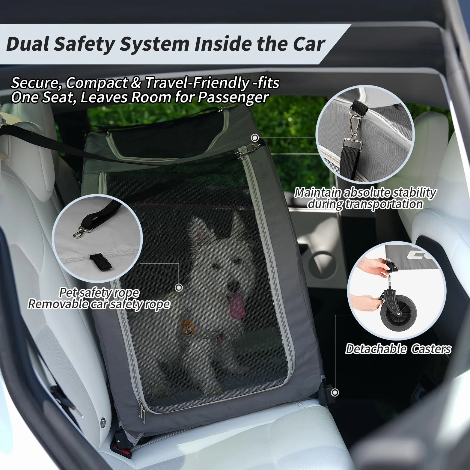 EchoSmile Poussette pour Chien de Petite et Moyenne 20 kg, Chariot pour Chien Pliable Tout Terrain avec Double Freinage, Ceintures de Sécurité et Fenêtres Grillagées, Gris