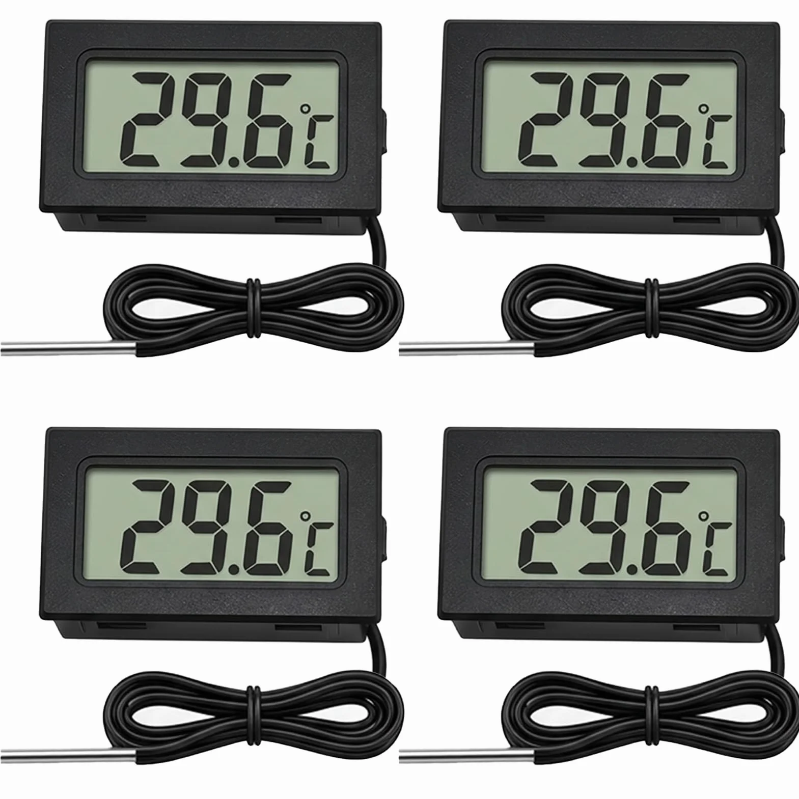 Thermomètre Numérique LCD avec Sonde Externe, Mini Digital Thermomètre pour Hygrometre Terrarium Réfrigérateur Congélateur Aquarium Reptile Vitrine Réfrigérée, 4PCS Affichage Rapide Haute Précision