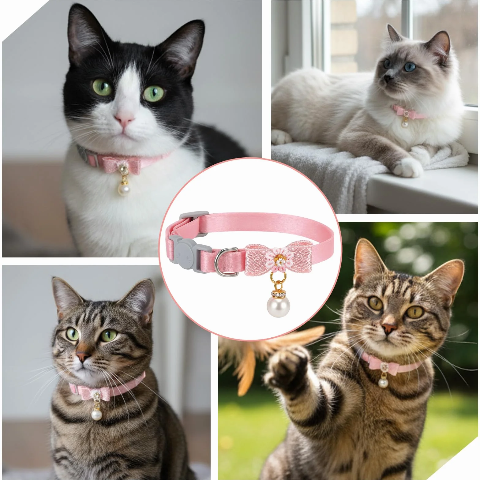 Collier pour chat réglable rose avec pendentif perle, boucle sécurité nœud papillon