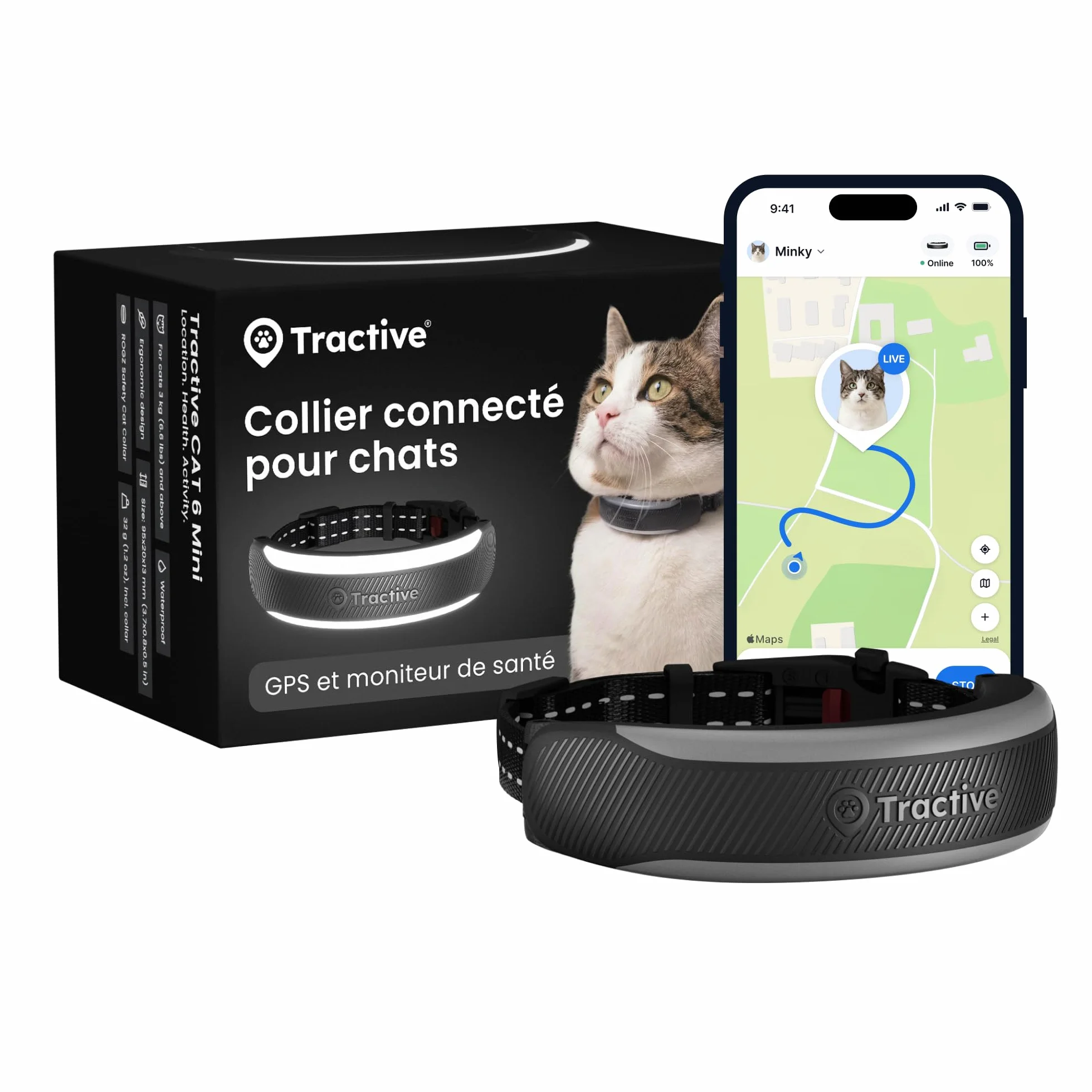 Tractive Collier GPS Chat Connecté Mini Édition 2026 Noir Localisation Directe Alertes Santé