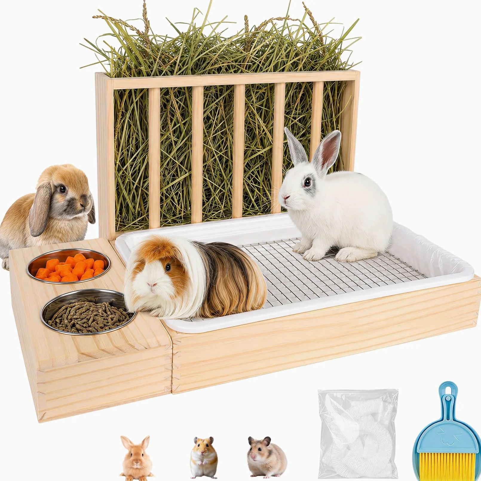 Râtelier à Foin Viridux pour Lapins, râtelier à Foin en Bois 3 en 1 | avec grille en acier inoxydable et outil de nettoyage, distributeur automatique de nourriture