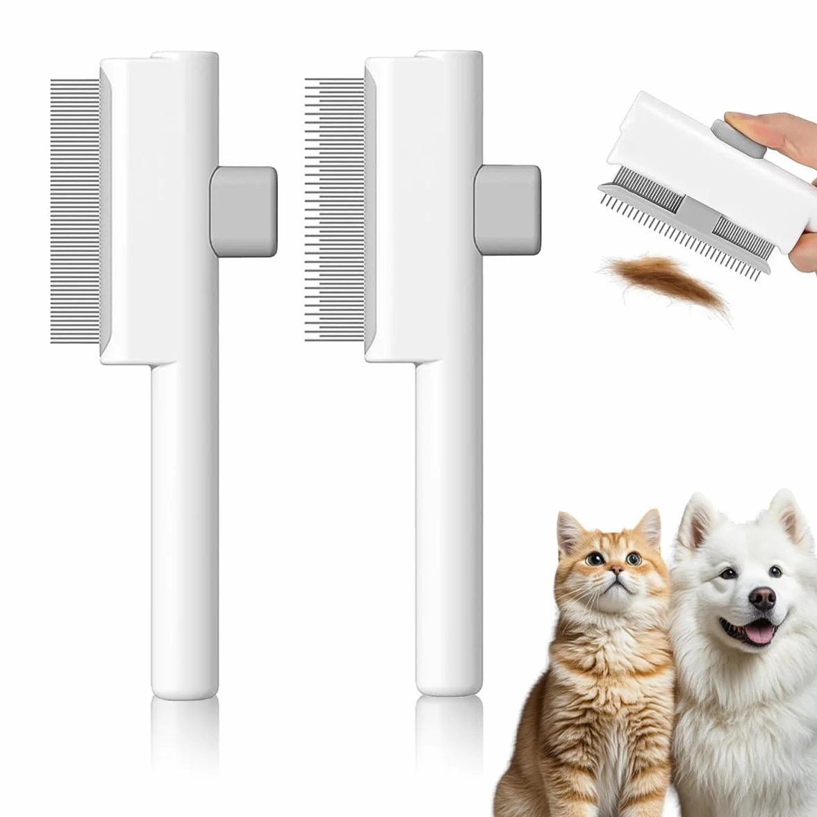 Brosse Chat Auto-Nettoyante Peigne Double Dents Larges et Fines Blanc Set 2 Pièces pour Élimination Poils Chats et Chiens
