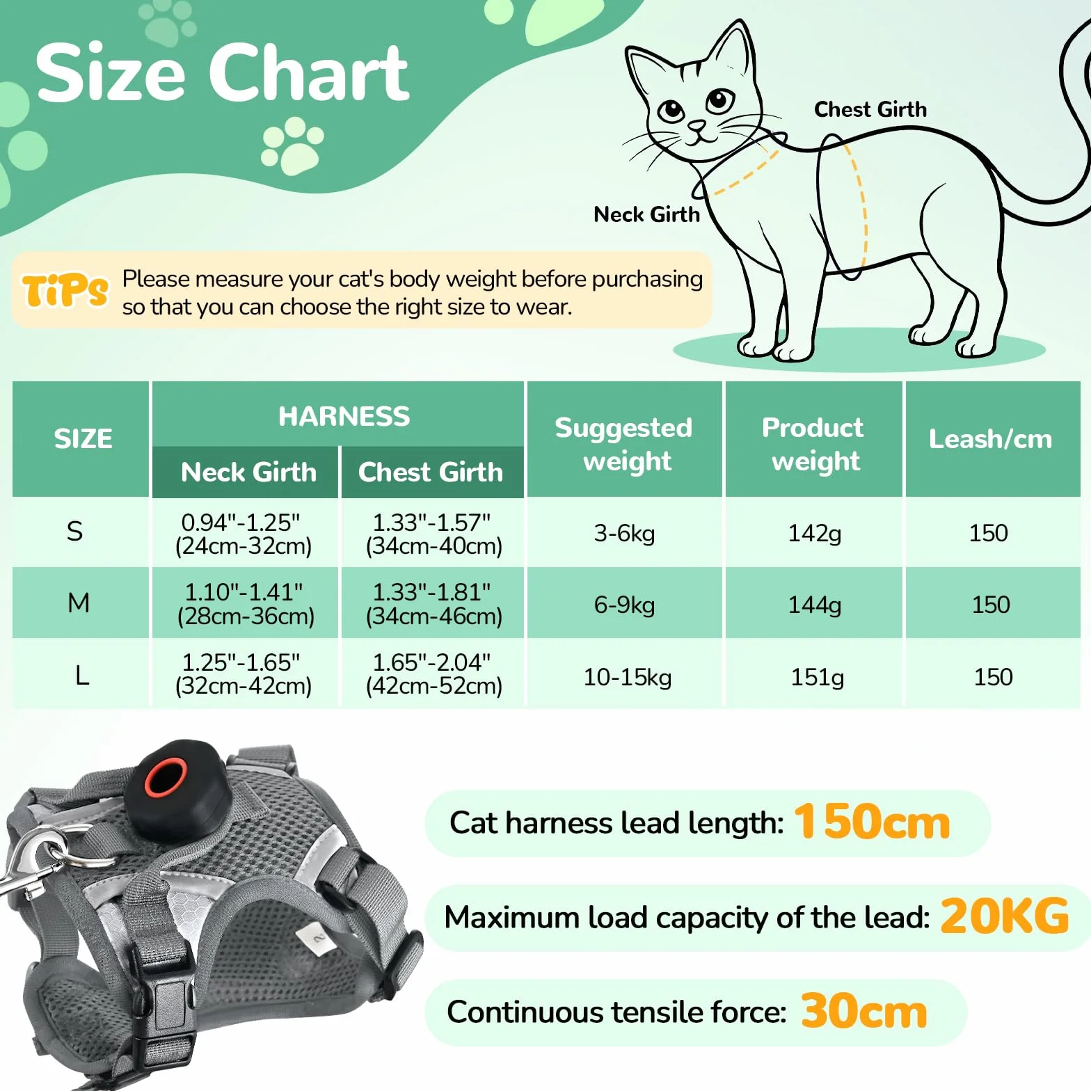 Harnais anti-fuite pour chat (Gris foncé, S)
