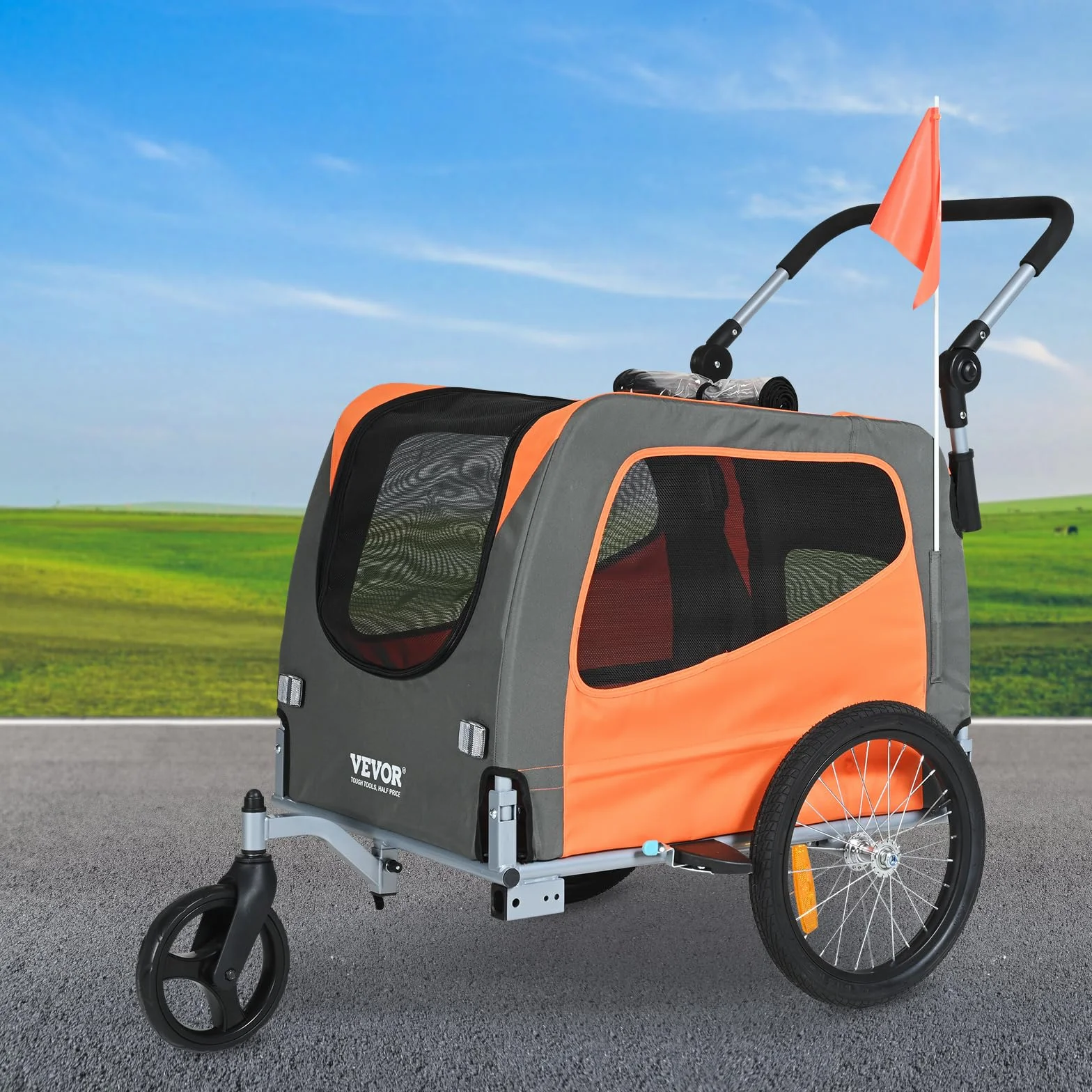 VEVOR Remorque de vélo pour chien 2 en 1 poussette pour animal domestique cadre pliable 45,4 kg roues à dégagement rapide coupleur de vélo