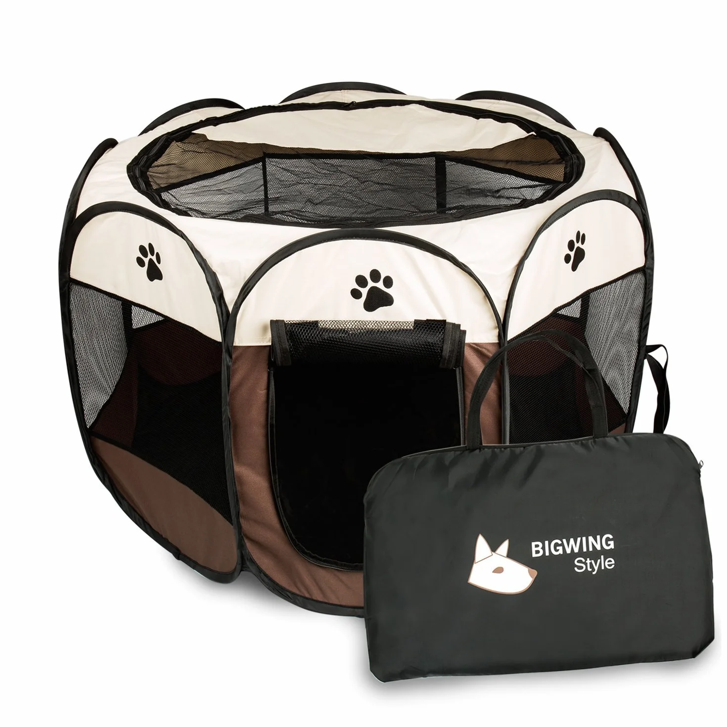 Parc pour Chien Pliable en Tissu Oxford pour Petits Animaux Intérieur Extérieur avec Sac de Transport Café S