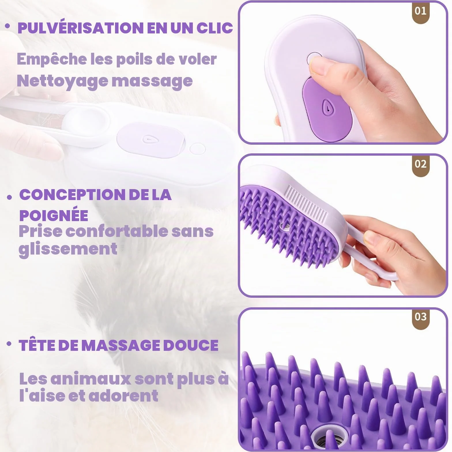 Brosse à vapeur 3 en 1 pour chat et chien - Brosse de toilettage à vapeur