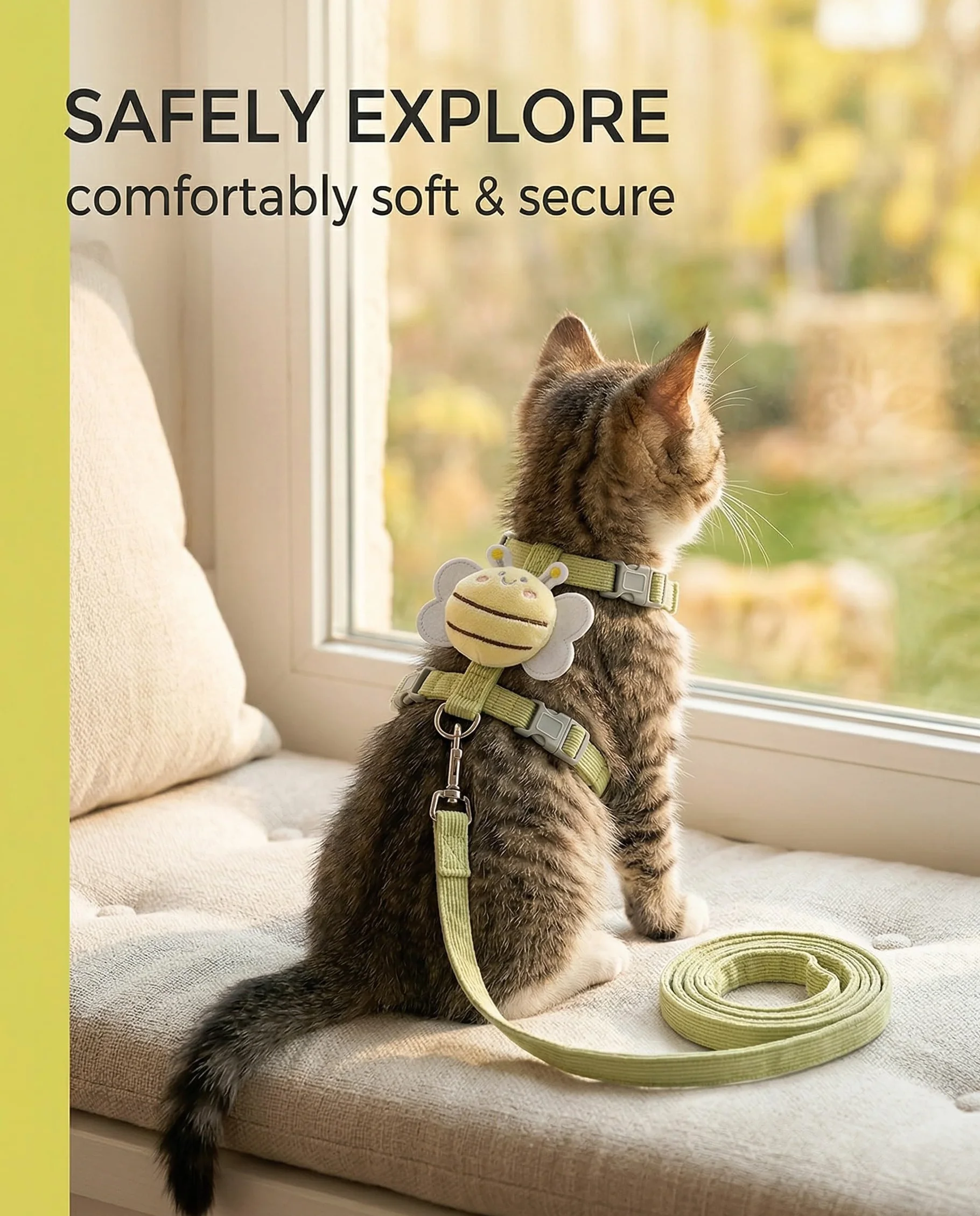 Harnais pour chat avec laisse taille M vert Motif petite abeille anti-évasion réglable pour chats chatons petits chiens lapins