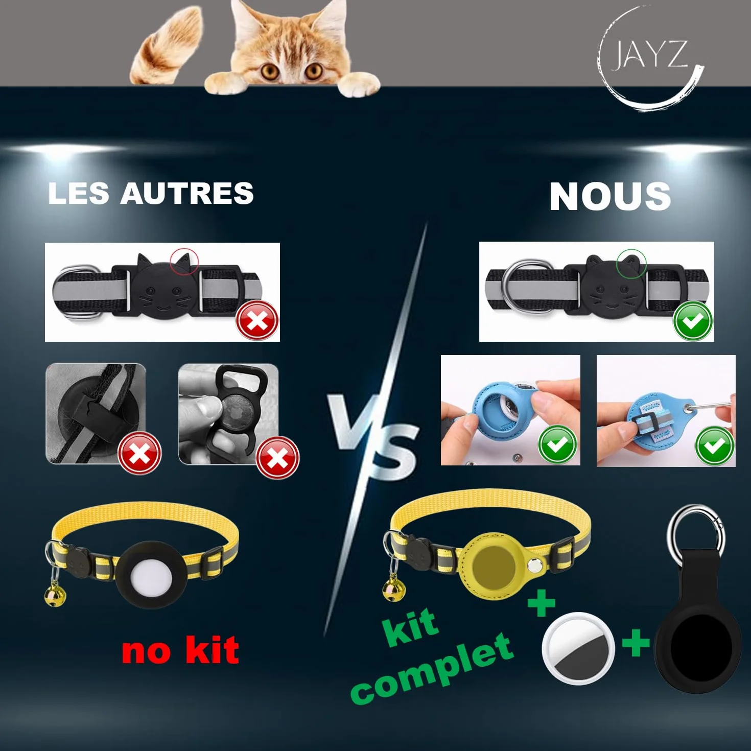 JAYZ Collier Chat Bluetooth Tracker Localisateur sans Abonnement Apple iOS Android Airtag Anti étranglement Chatons