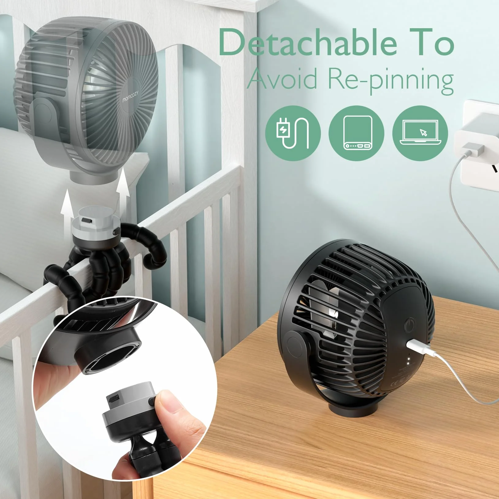 Momcozy Ventilateur de Poussette Portable 8000mAh 27 Heures 4 Vitesses 360° Rechargeable USB