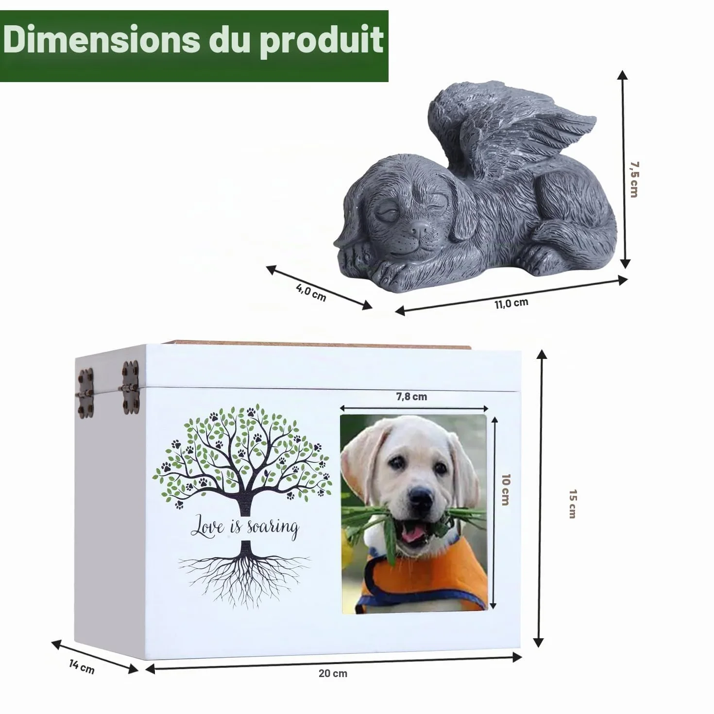 Urne funéraire pour Chien ou Chat en Bois avec Cadre Photo - Boîte à Souvenirs Doublure Flanelle Noire