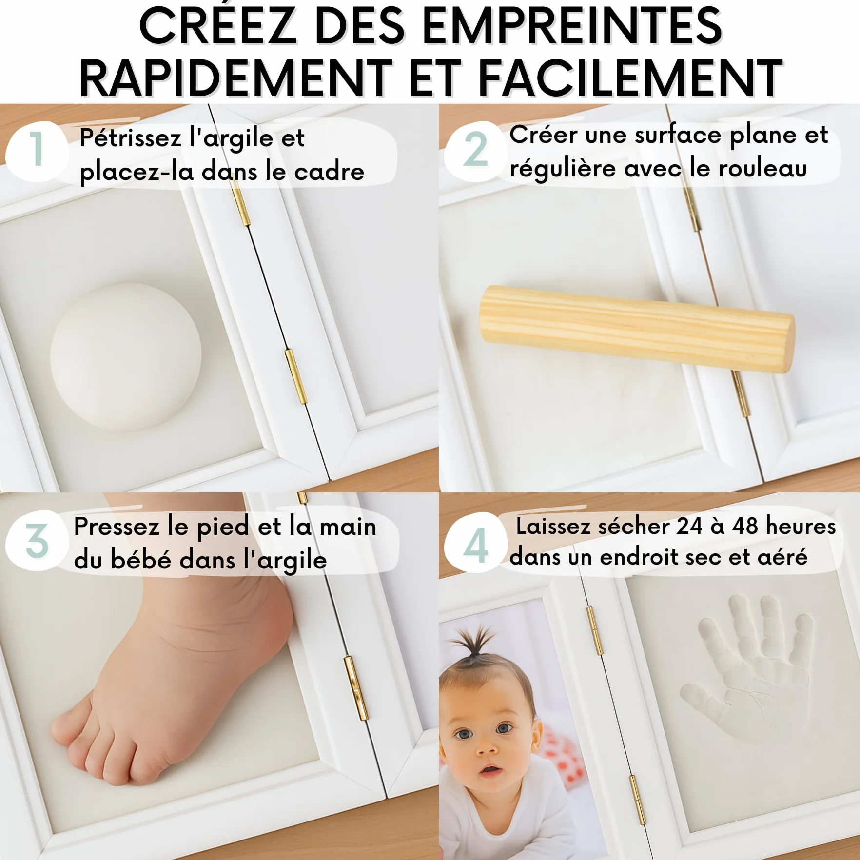 HuBorns Cadre Empreinte Main Pied Bebe Kit Argile Anti-fissuration Cadeau Naissance