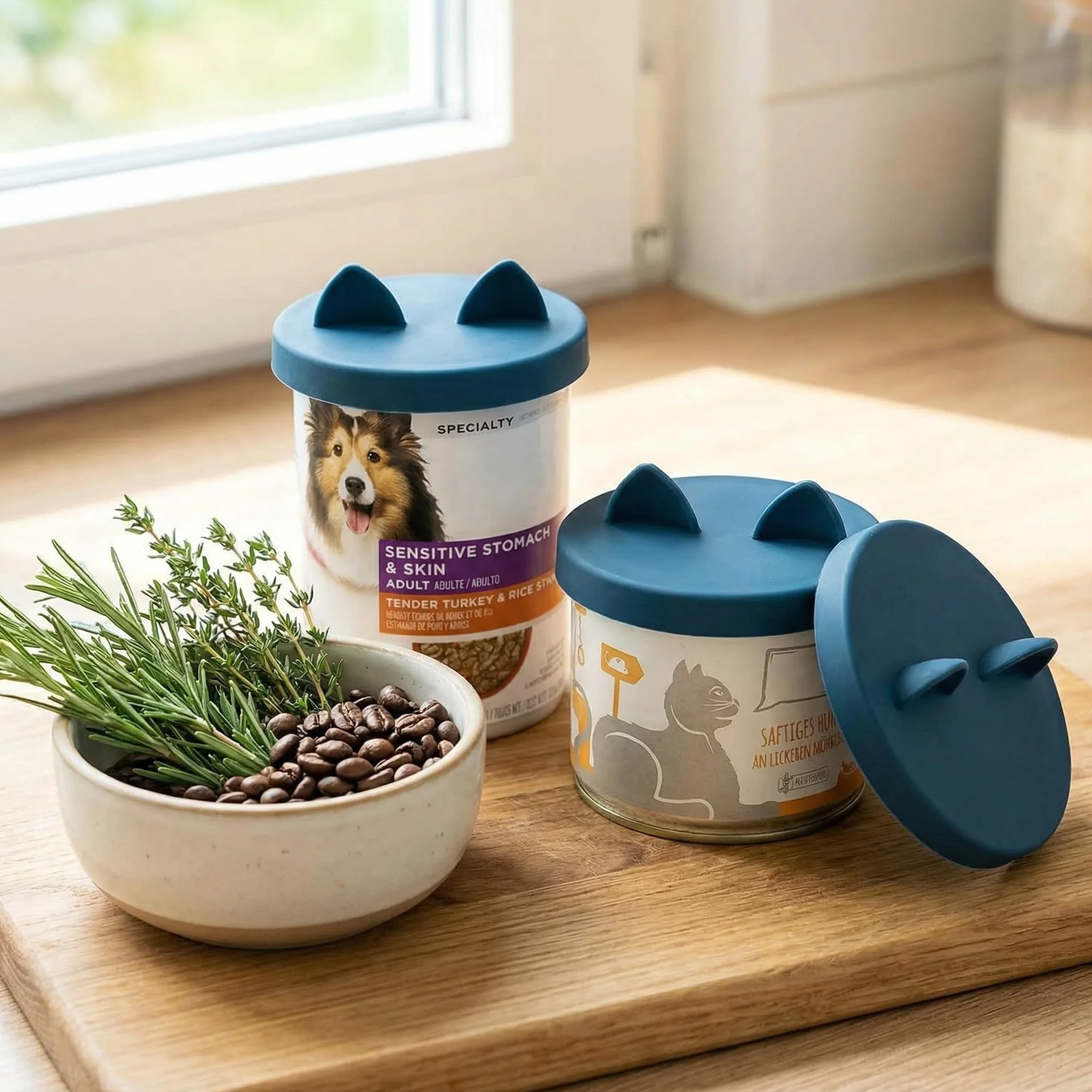 Couvercles de Boîte Universels en Silicone pour Nourriture pour Chat, Bleu Foncé, Passent au Lave-Vaisselle