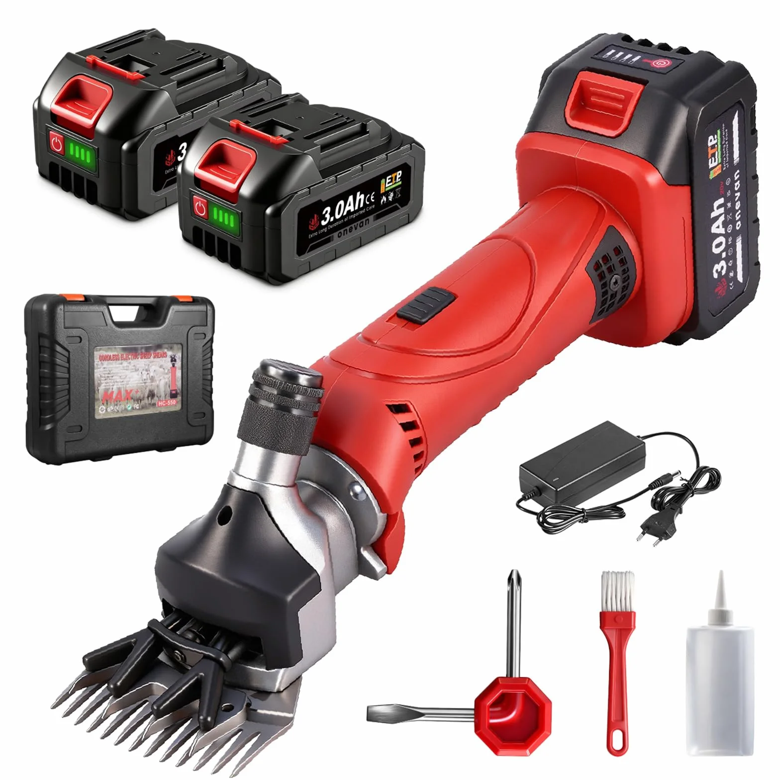 ONEVAN Tondeuse à moutons sans fil 500 W 6 vitesses 13 dents 2 batteries 3.0Ah Rouge