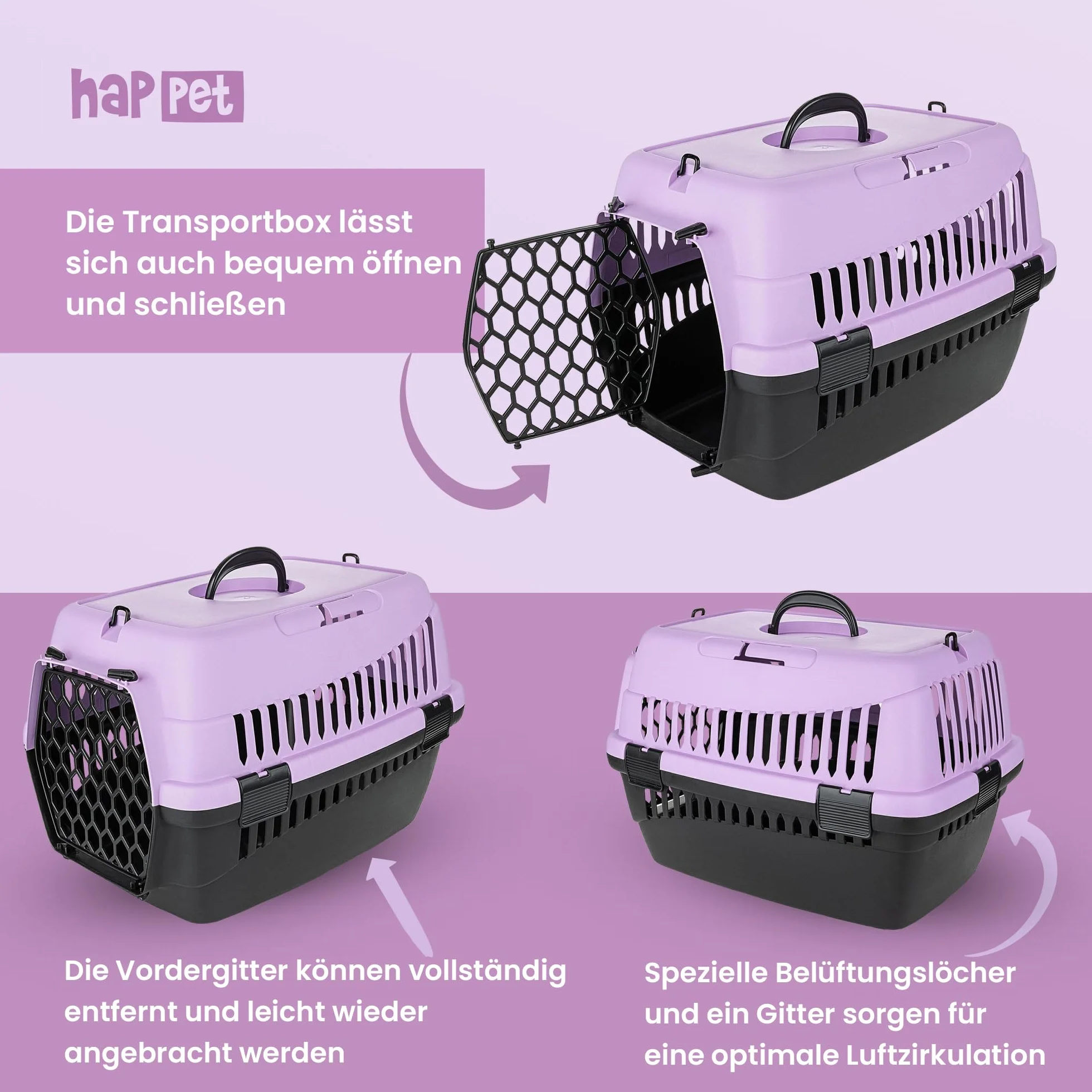 HAPPET ABBA M Sac de transport robuste pour chats et petits chiens, transport portable avec poignée et ventilation, violet