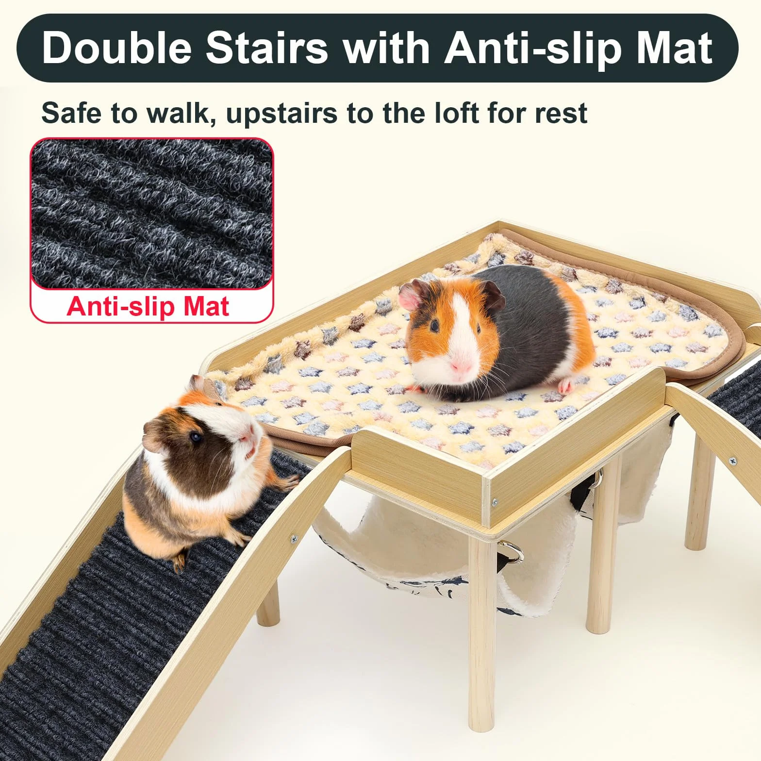 Maison de jeu en bois pour cochons d'Inde avec rampe et hamac coussin, grise amovible
