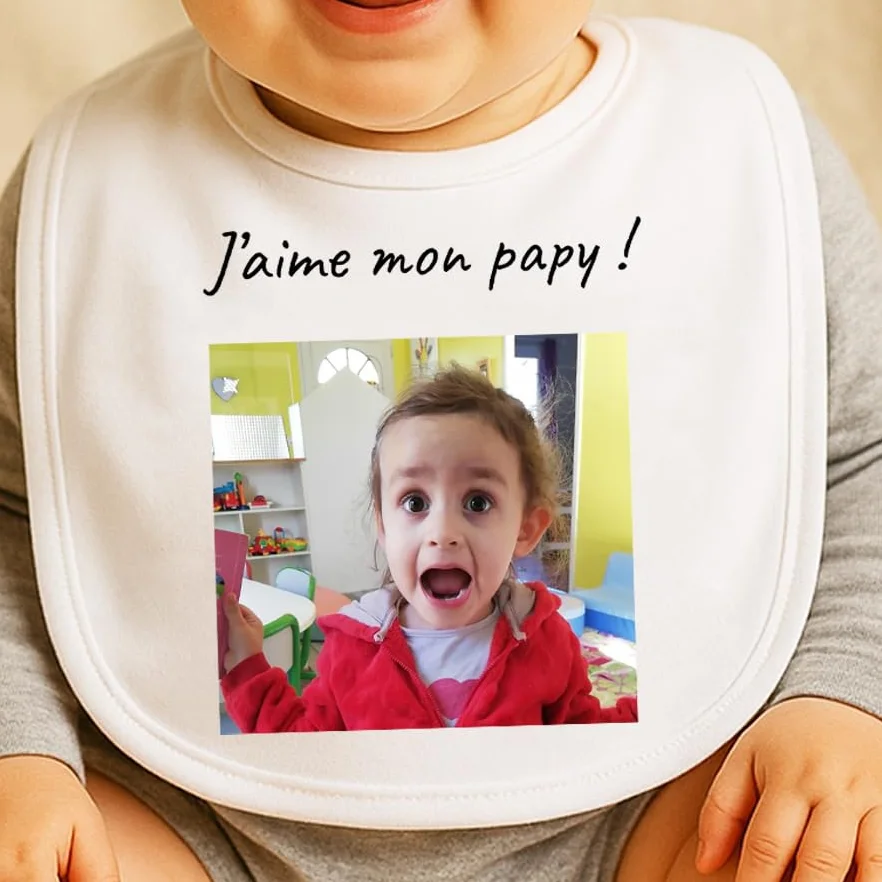 Bavoir bébé personnalisable photo message naissance doux absorbant cadeau original rose bleu blanc