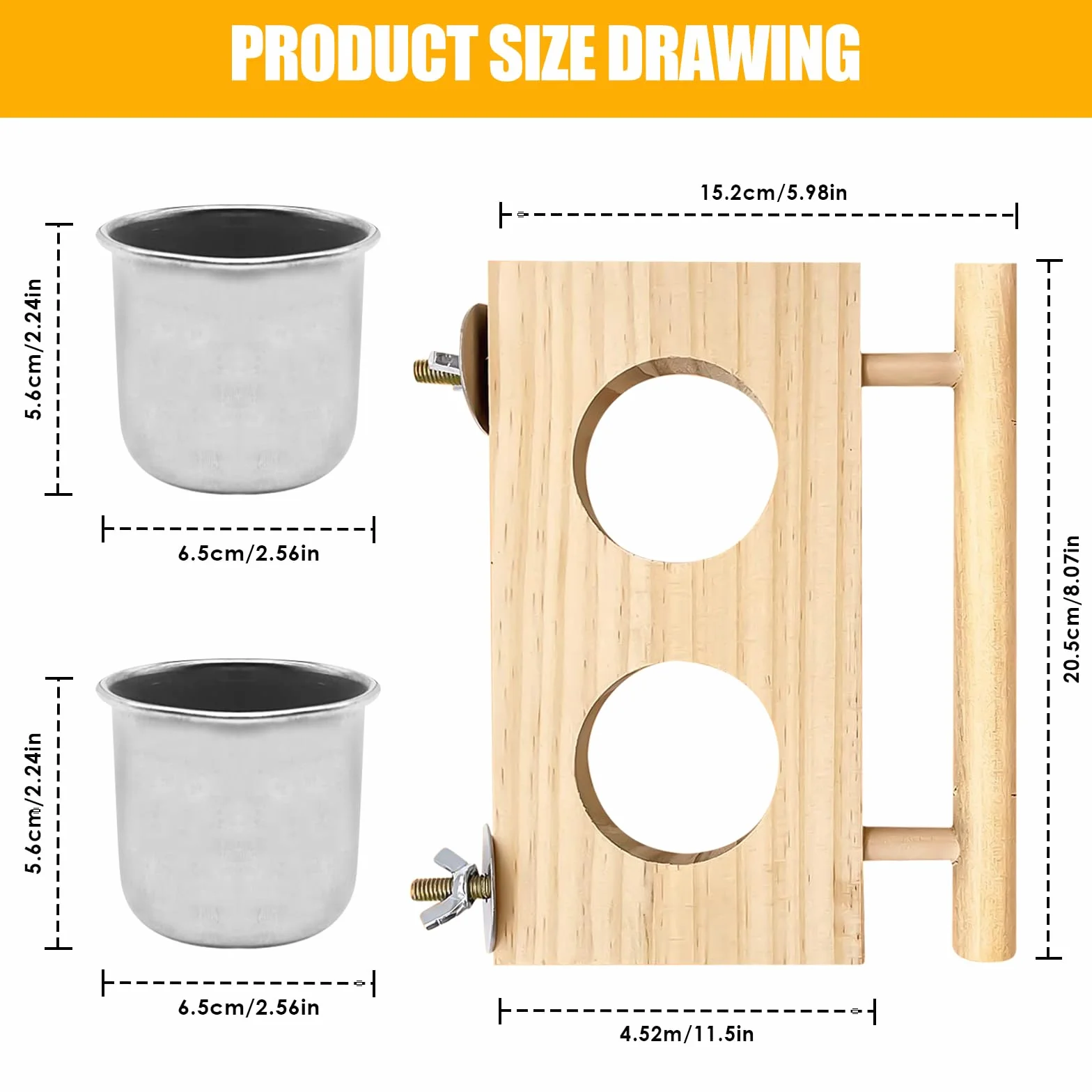 Lot de 2 gamelles pour oiseaux en acier inoxydable avec perchoir en bois, perruches, calopsittes