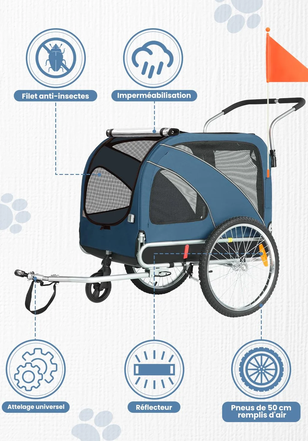 SEPNINE Remorque Vélo Chiens XL, Remorque 2 en 1 Pliable avec Frein de Stationnement, Charge Max 40 kg, Bleu