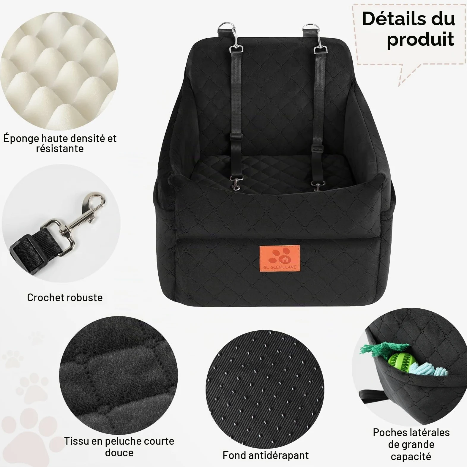 GL GLENSLAVE Siège auto pour chiens de petite/moyenne taille, sièges de voiture rehausseurs pour chiens de moins de 15,9 kg, siège auto amovible et lavable avec poches de rangement, 2 ceintures de