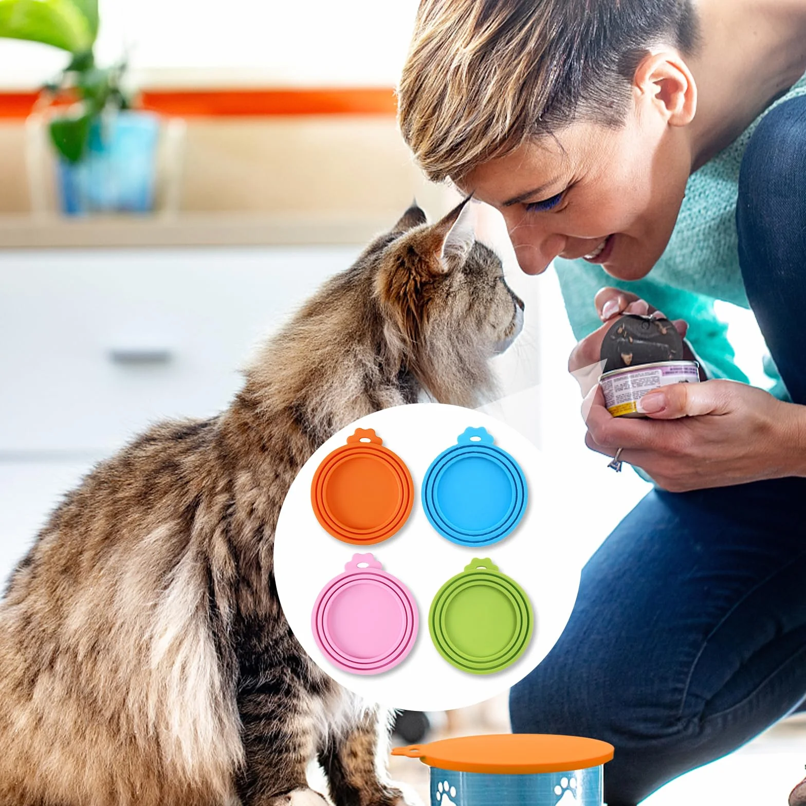 Lot de 4 couvercles de boîtes de conserve pour nourriture pour chat Couvercles universels en silicone pour boîtes de nourriture pour animaux de compagnie 3 en 1 tailles standards avec 4 crochets en