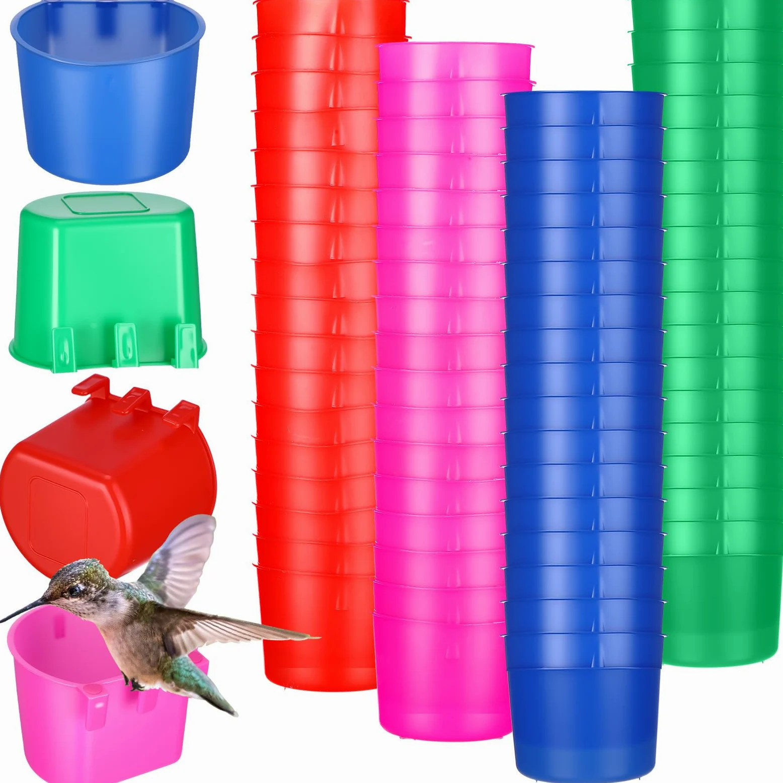 Lot de 100 mangeoires pour poulet - 236,8 g - À suspendre - Pour nourriture et eau - Pour volaille, animal domestique, perroquet, perruche, pigeon (bleu, rouge, rose rouge, vert)