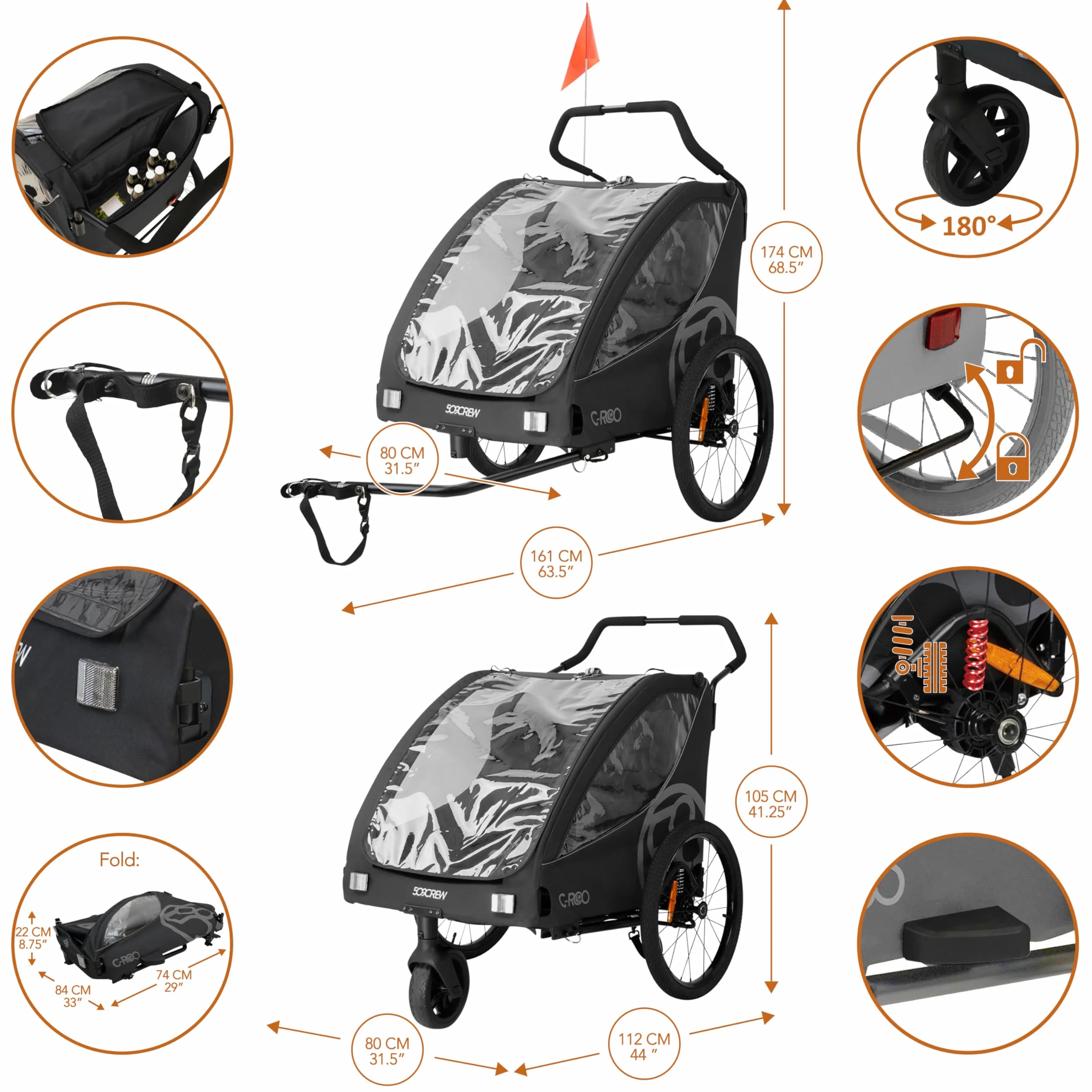C-ROO Remorque de vélo multi-usage Infant Ride Newborn 50 kg filet anti-moustiques 2 housses siège
