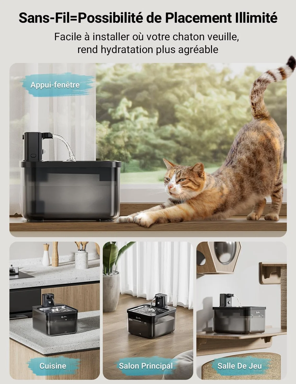 Fontaine à Eau sans Fil pour Chien 4000mAh Détecteur de Mouvement Acier Inoxydable Noir 6 Filtres